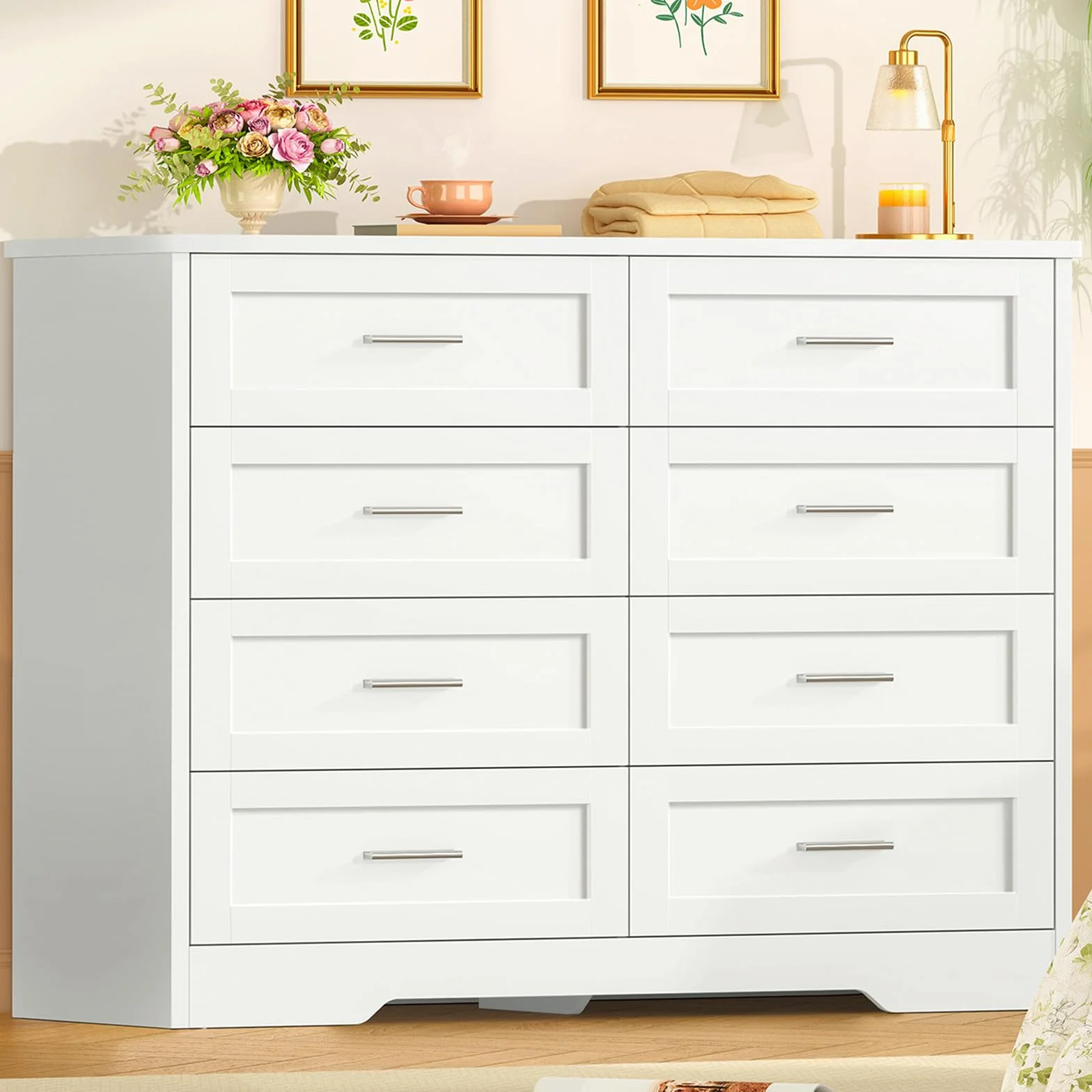 TEENFON Comoda Dormitorio 8 Cajones Blanca, Cómoda y Cajonera Multifunción para Dormitorio - Sinfonier Blanco de Gran Capacidad, Ideal para Salón y Entrada, 107x35x96.5cm