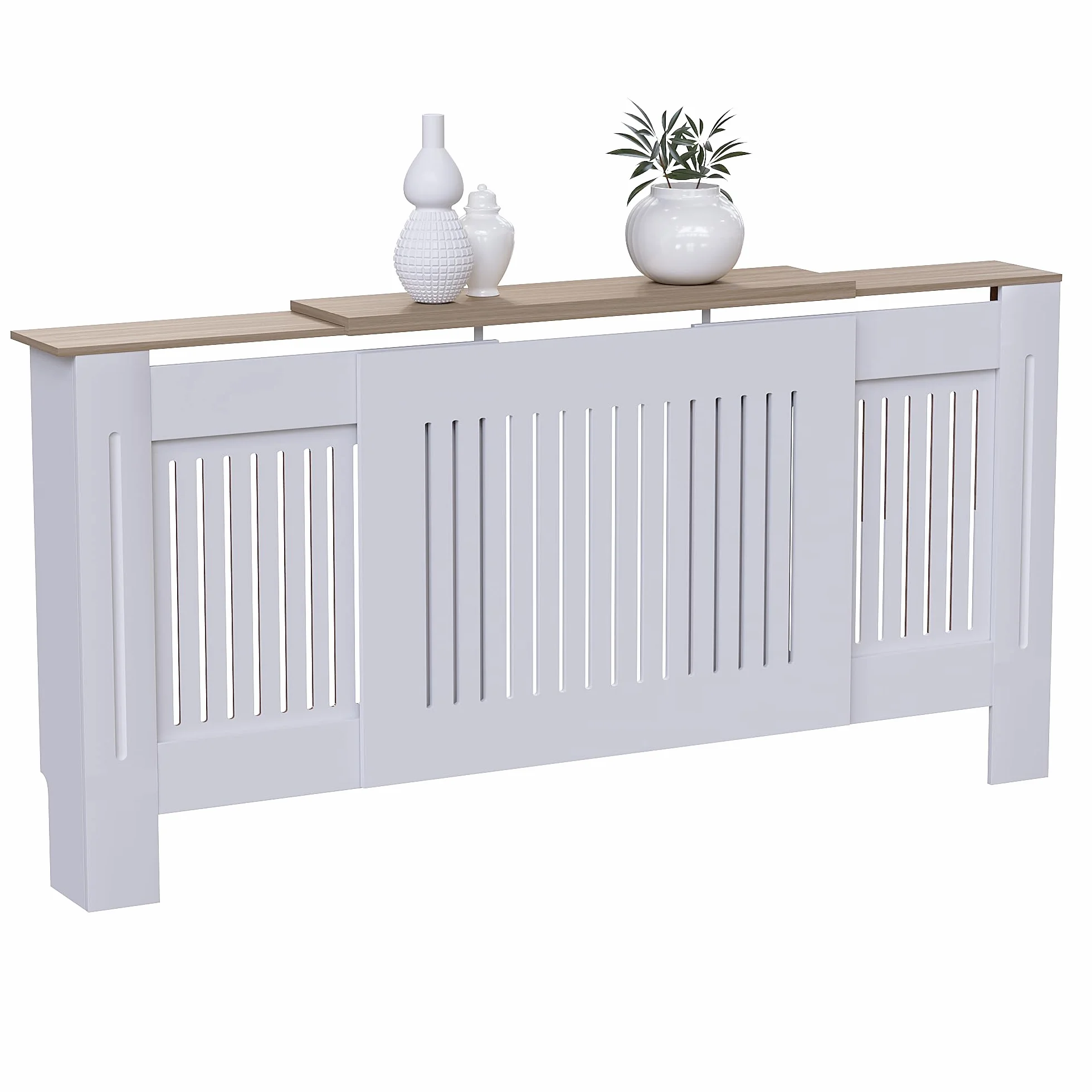 Vida Designs Arlington Cubierta de radiador Blanco - Ajustable - Estilo Shaker Moderno con Lamas Verticales para Mejor circulación del Calor - H83xW140-204xD19cm - MDF Pintado para salón y Pasillo