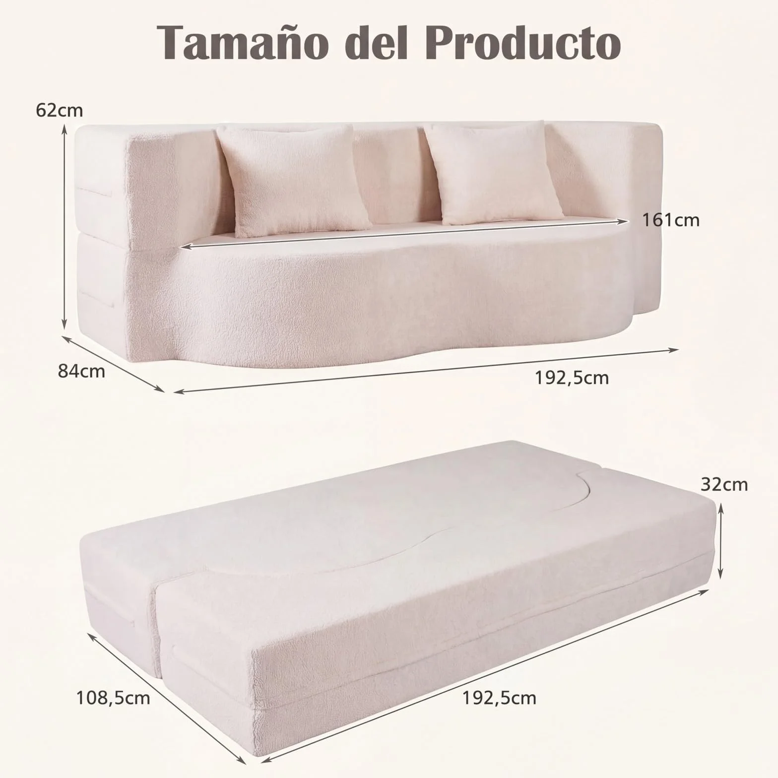 COSTWAY Sofá Cama de 2 Plazas, 192,5 cm, Sofá Convertible en Cama 2 en 1 de Tela de Polar Teddy con 2 Almohadas, sin Montaje, Sofa Comprimido de 2 Plazas sin Marco para Salón Cuarto Invitados (Blanco)