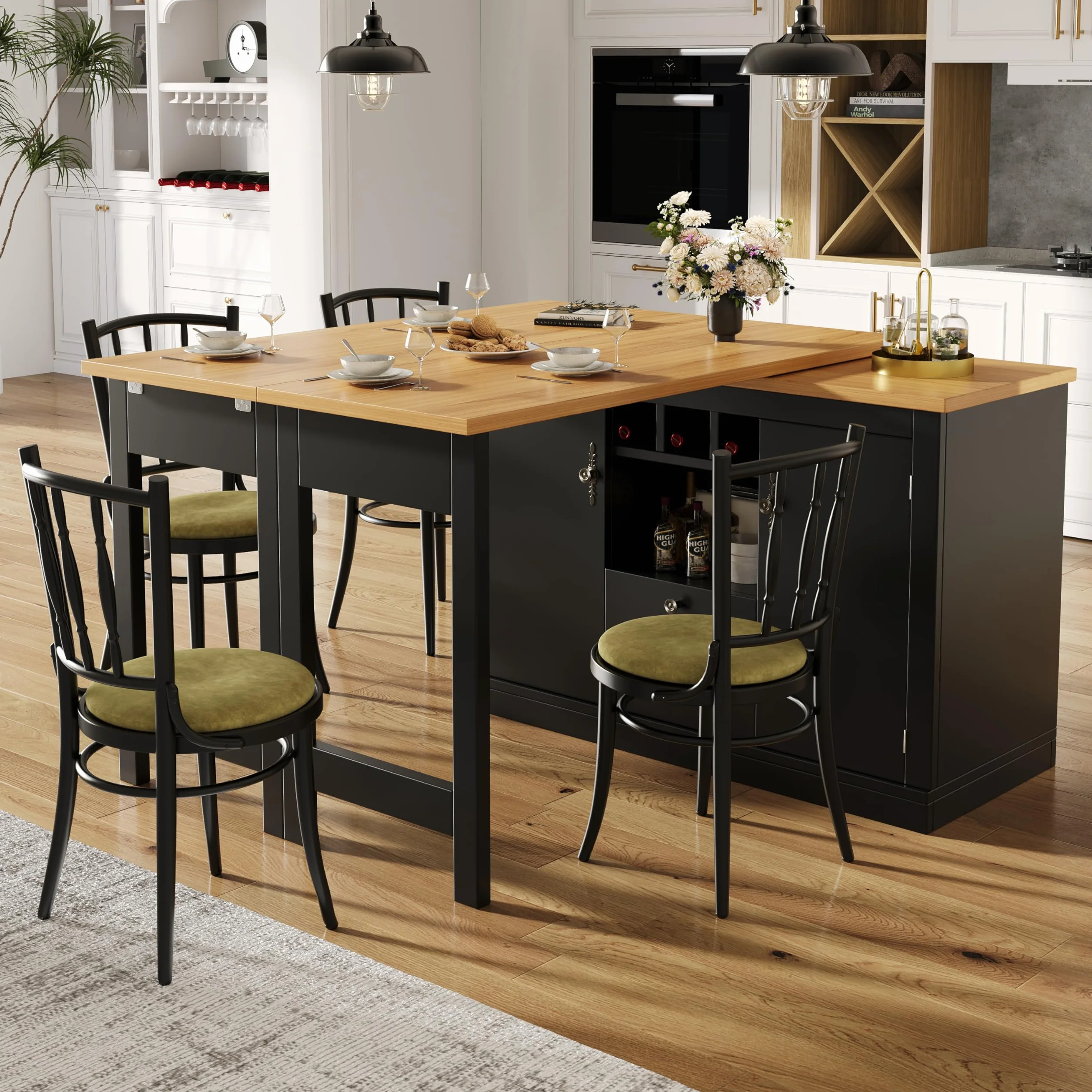Mesa de bar extensible con espacio de almacenamiento,Mesa alta giratoria de 360° con mesa de comedor plegable, 2 puertas, 2 cajones, estantería de vino, estanterías de almacenamiento, para sala de