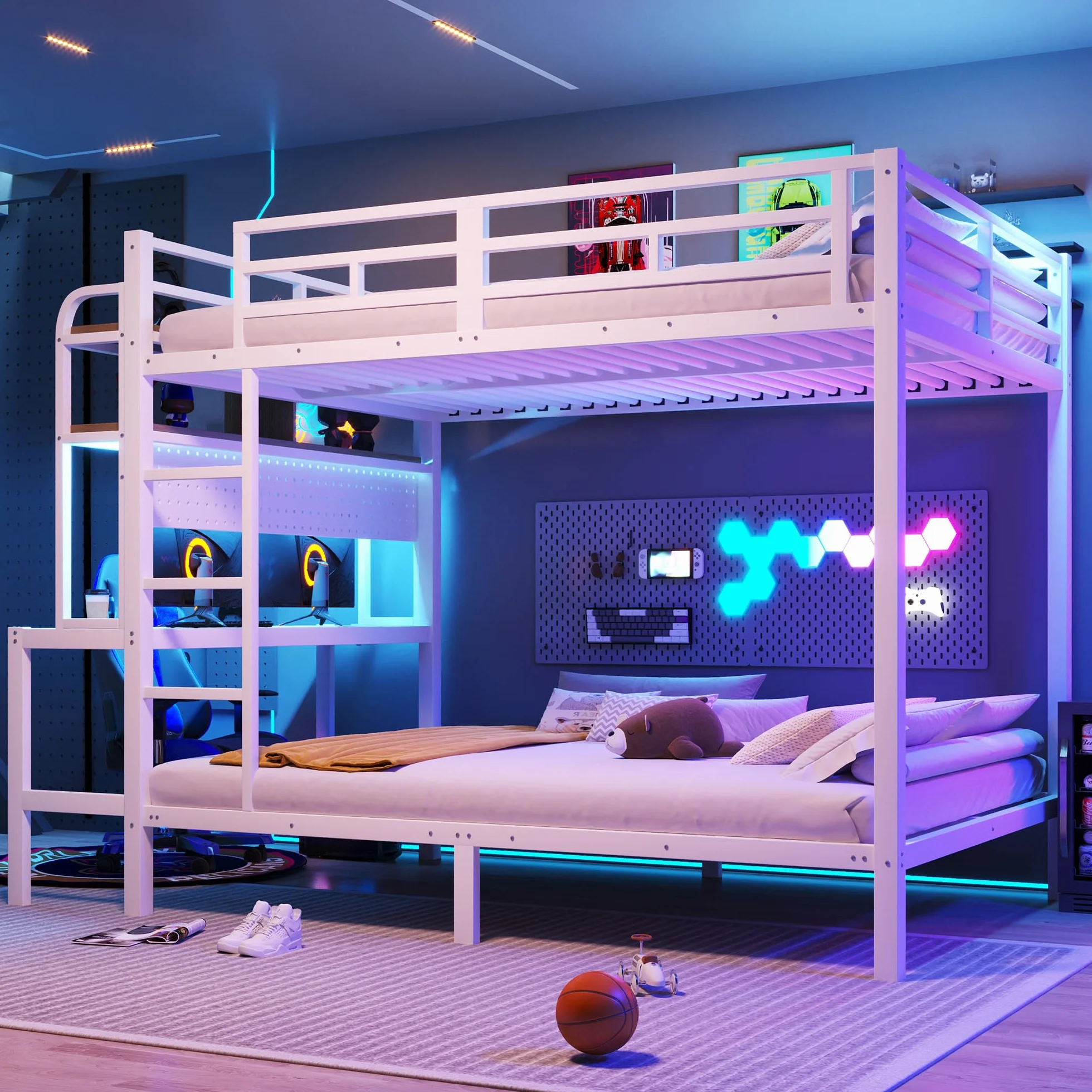 Litera de metal de 140 x 200 cm, con tira de luz LED y conector USB, escritorio, barandilla de seguridad, escalera, marco de hierro, cama alta para niños y jóvenes, sin colchón