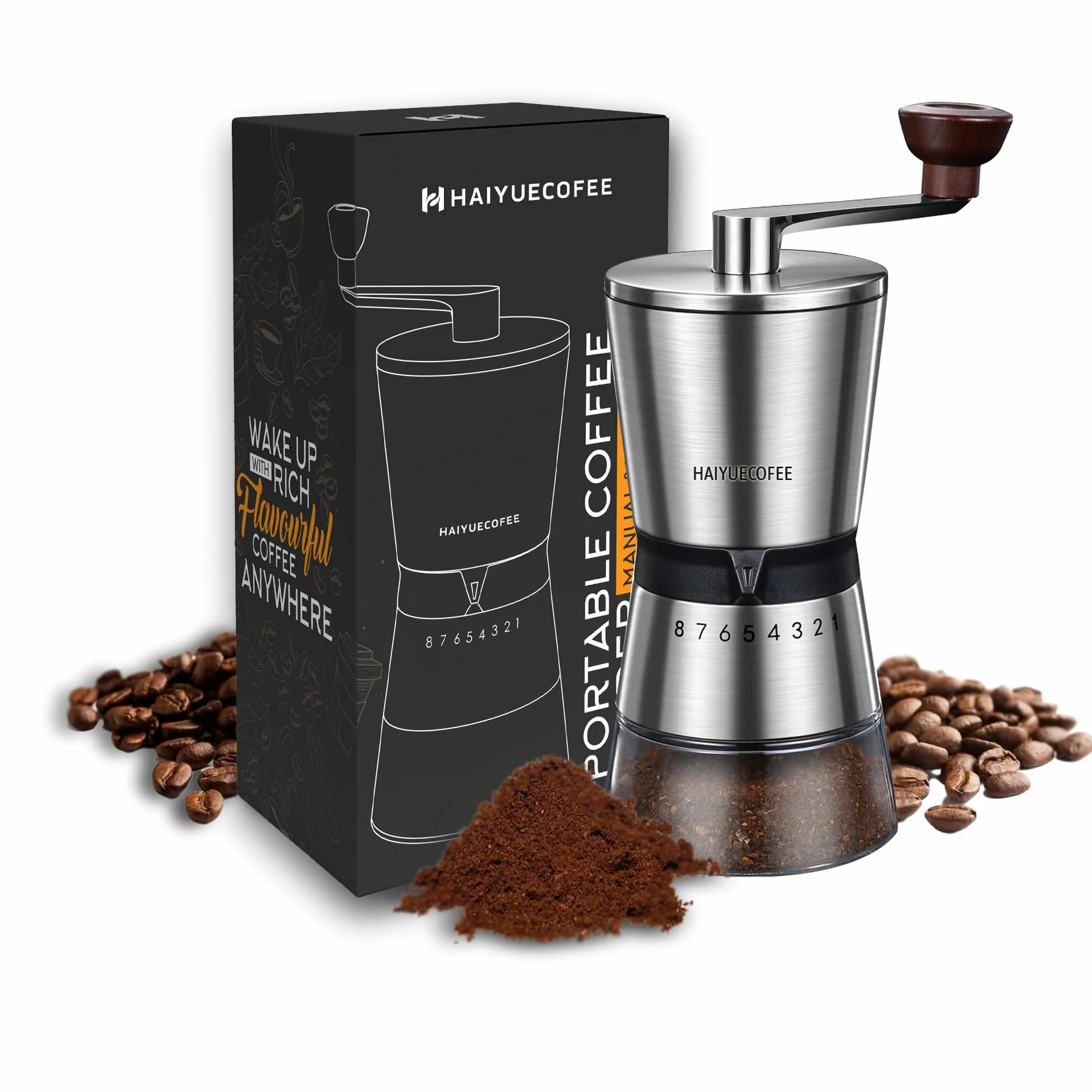 Molinillo de café manual con 8 ajustes ajustables de grosería, molinillo de café de manivela con rebabas de cerámica para granos de expreso, prensa francesa, verter, café de goteo,