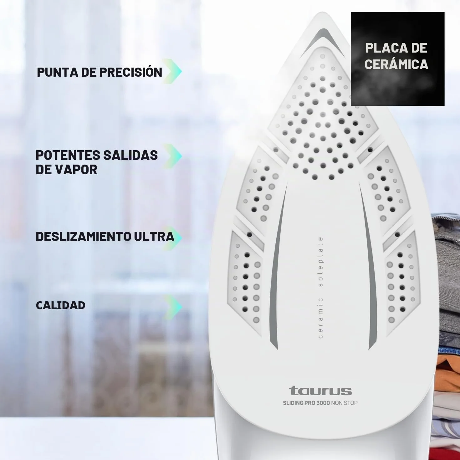 Taurus - Centro Planchado Sliding Pro 3000 Non Stop | 3000W | Vapor 130 g/min | Golpe 400 g/min | Plancha Vertical | Suela Cerámica | ECO y MAX | Depósito 1.5L | Autolimpieza | Bloqueo | Negro