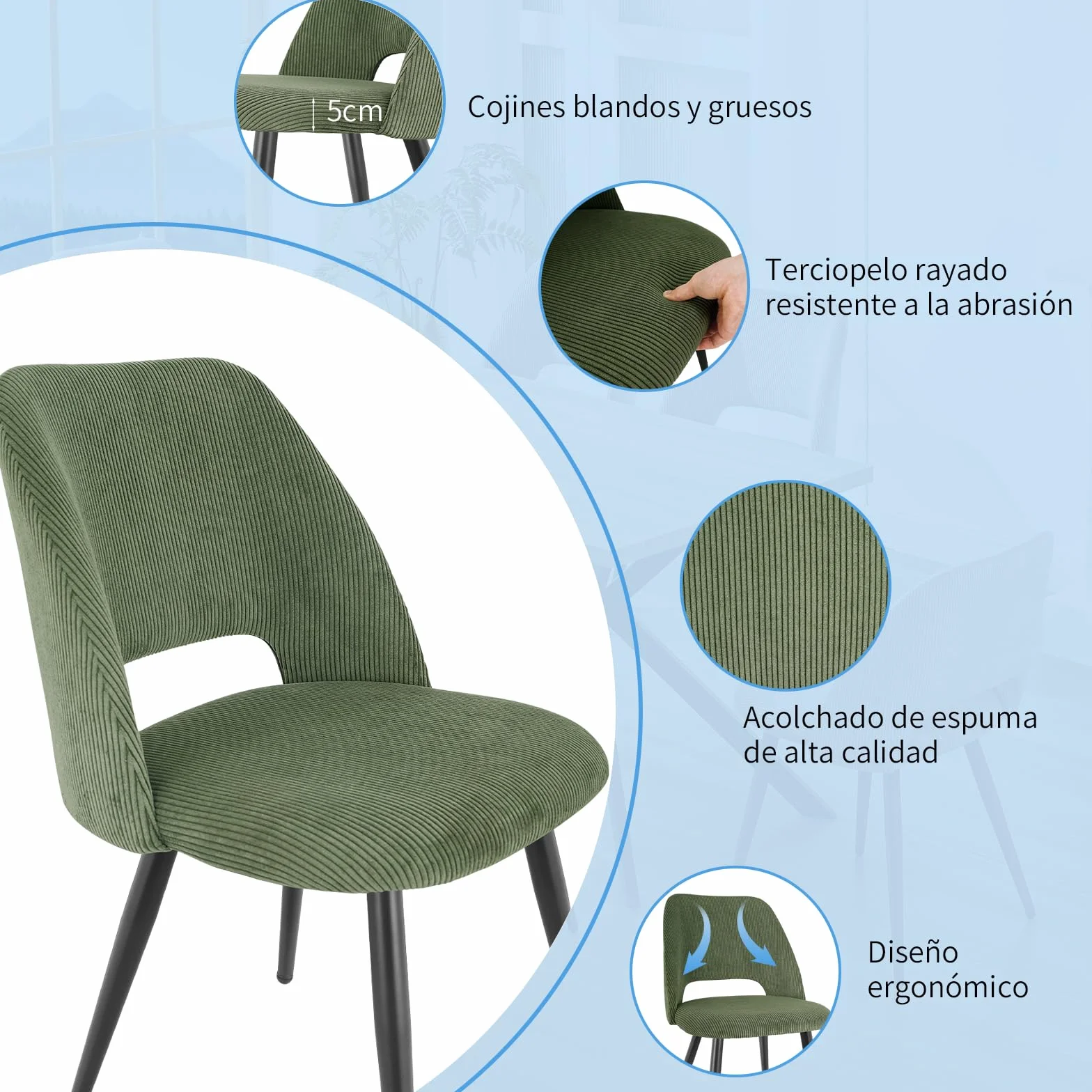 JIJIAN Pack de 6 Sillas de Comedor, Silla de Cocina, Silla de Salón, Sillas de Terciopelo a Rayas con Respaldos Recortados, Tapizadas para Comedor, Cocina, Dormitorio, Recepción, Verde