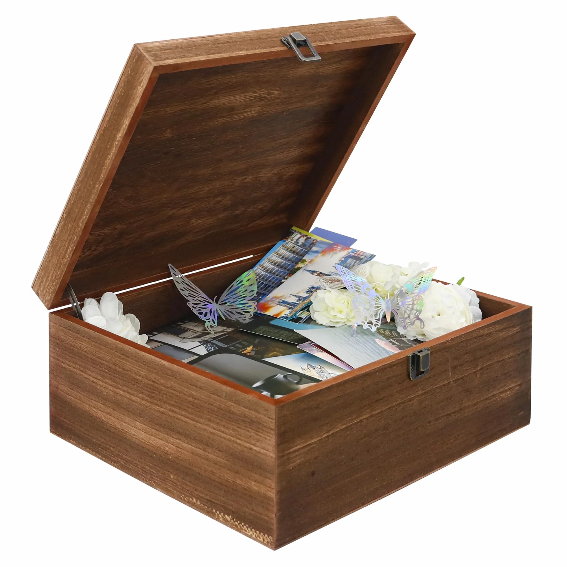 FramePro Caja de recuerdos de madera de 10 x 12 pulgadas, caja de recuerdos grande con tapa con bisagras, caja del tesoro vintage para manualidades y almacenamiento de fotos