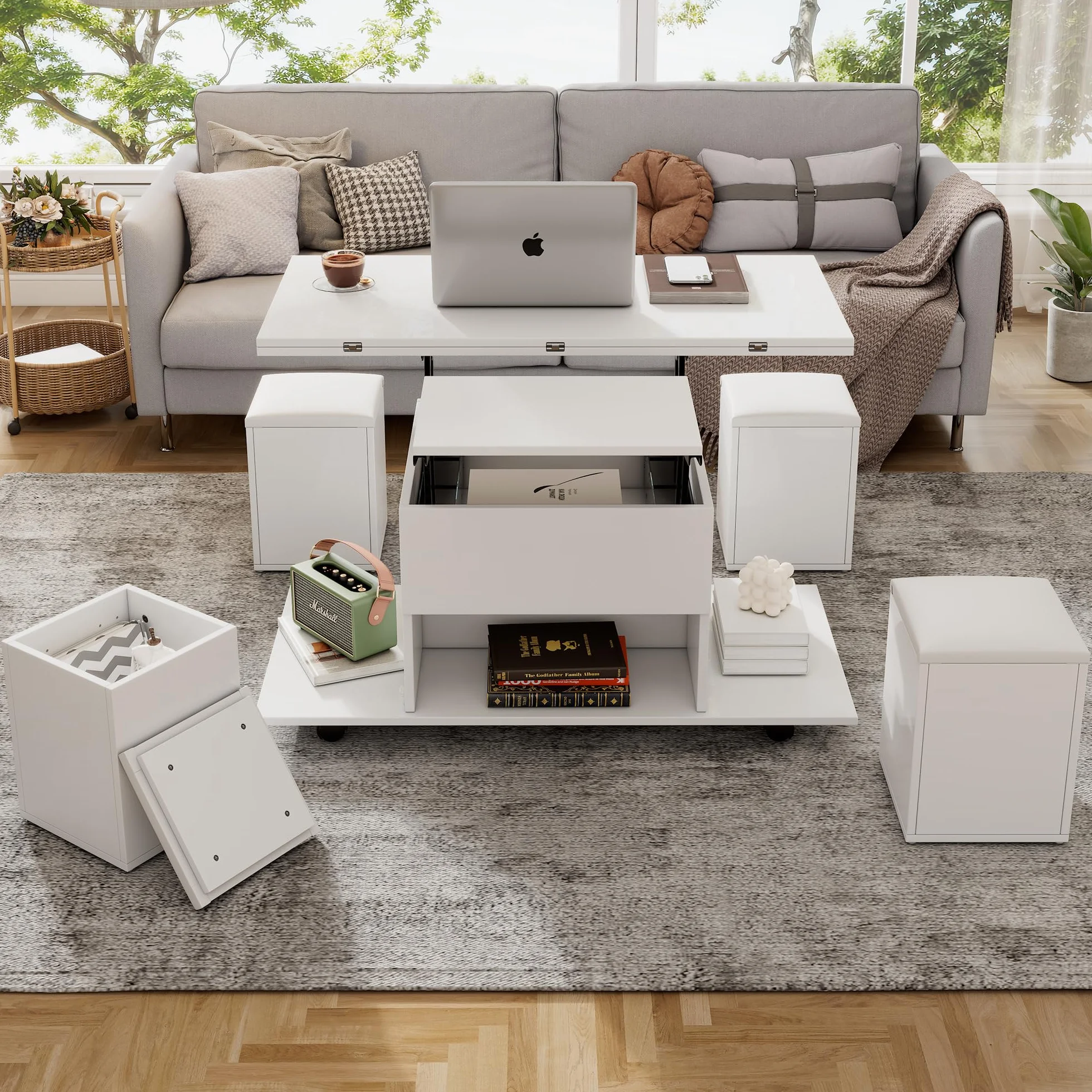 Mesa de centro multifuncional elevable: el escritorio puede abrir 2 mesas, color blanco, gran capacidad, muebles modernos de salón, oficina, mesa de comedor, 100 x 100 x 63,5 (largo x ancho x alto)