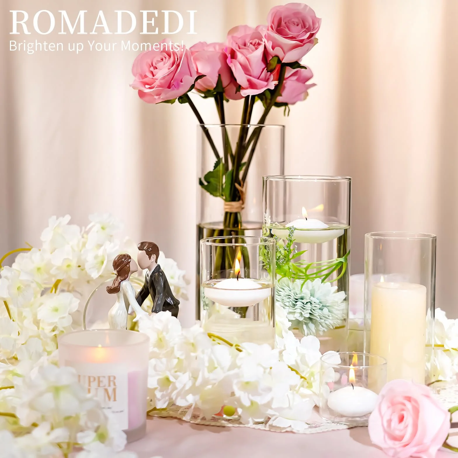 Romadedi Portavelas de cristal para boda, juego de 12 unidades, cilindro transparente, 15/20/25 cm | Vasos para velas flotantes, decoración de mesa, mesa de comedor, fiesta, sala de estar, exterior