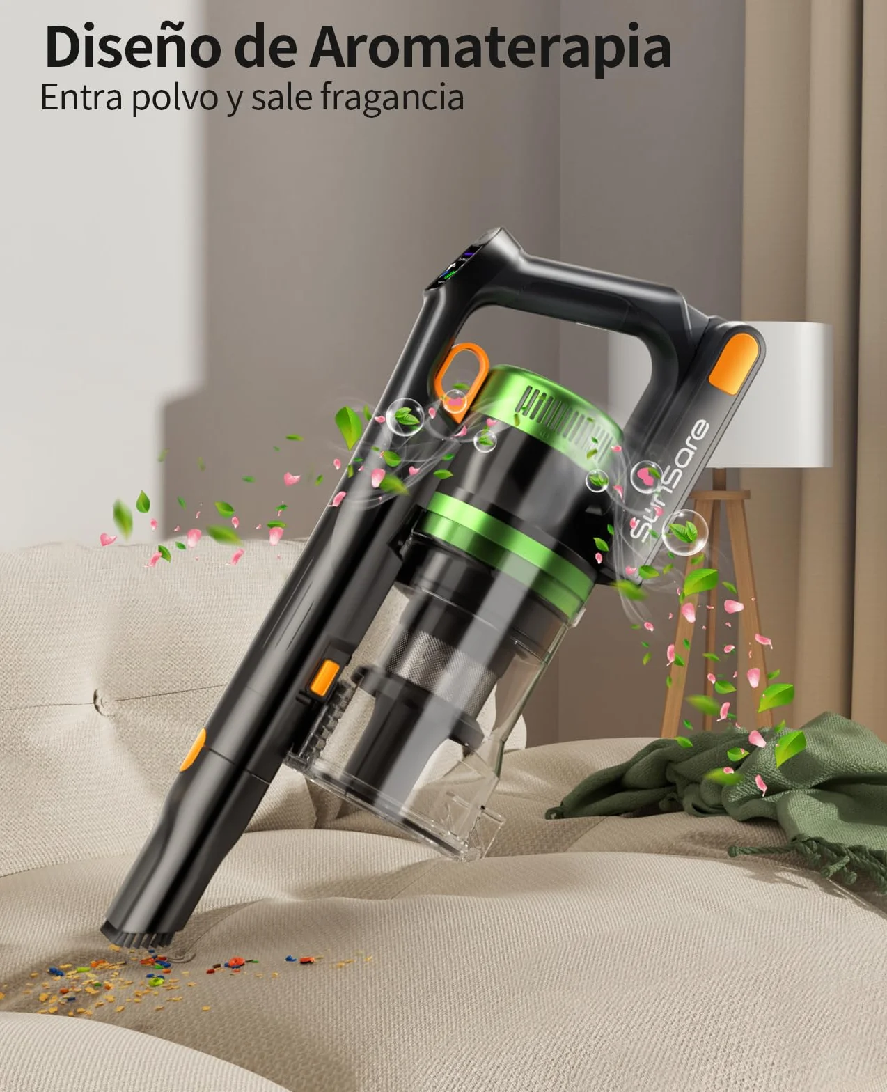 SunSare Aspiradora sin Cable 600W/50KPA/65Min (Eco), 1.8L Aspirador Sin Cable con Manguera de 1M, Aromaterapia, Luz LED Verde, Pantalla LED Inteligente, para Pelo de Mascotas, Alfombras, Pisos, Coche
