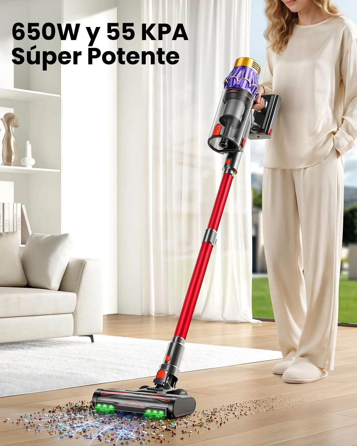 Aspiradora sin Cable 55Kpa 650W 70Mins 1.8L Filtración 8 Etapas Autoportante para Pelo de Mascotas