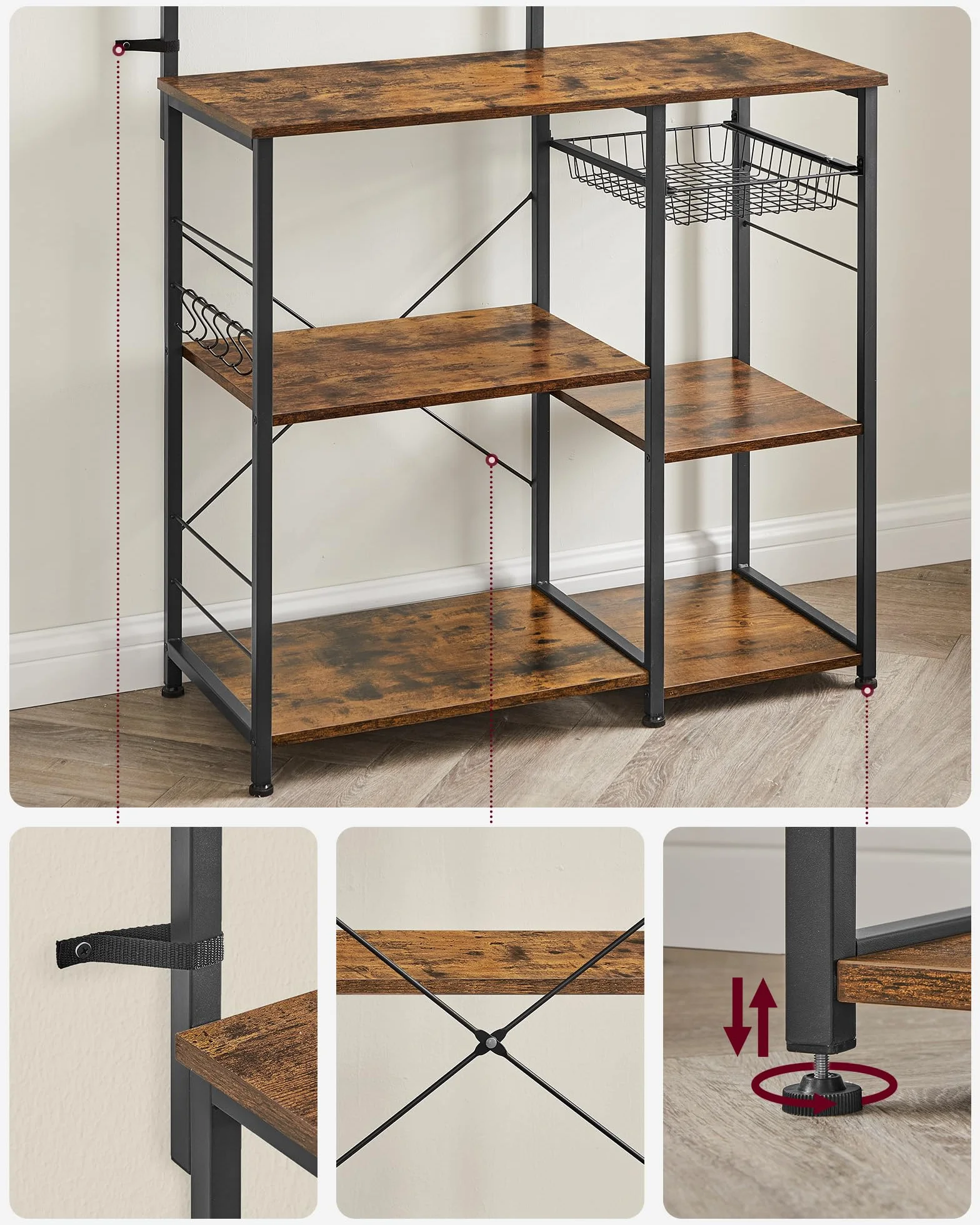 VASAGLE Estantería de Cocina, Soporte para Microondas, Cesta de Alambre, 6 Ganchos, para Especias, Ollas y Sartenes, 40 x 90 x 134 cm, Marrón Rústico, Negro KKS35X