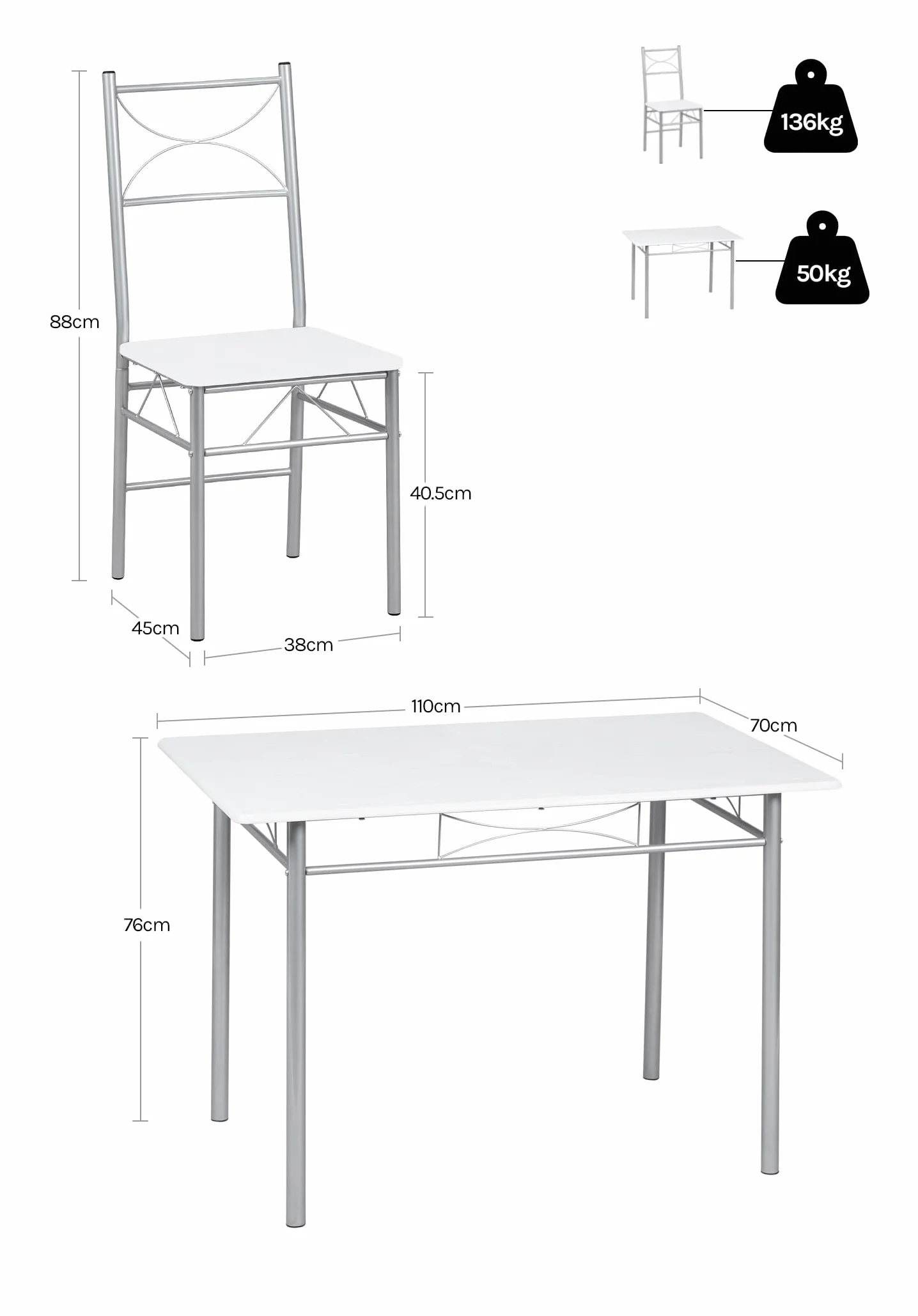 WOLTU Mesa y Sillas Comedor para 4 Personas, Mesa Cocina de Madera, Juego de Muebles de Comedor, Madera MDF y Metal, Blanco + Plata