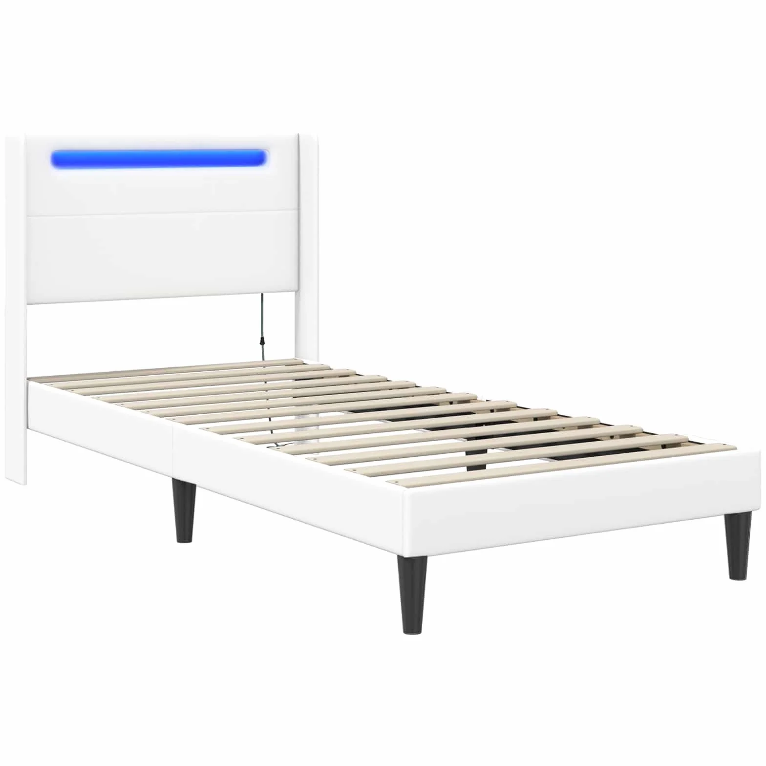 Marco de cama blanco con tiras de luz LED de 90 x 190 cm, piel sintética, marco de madera moderna con tiras LED ajustables Fuente de alimentación USB, diseño estable, para cama individual