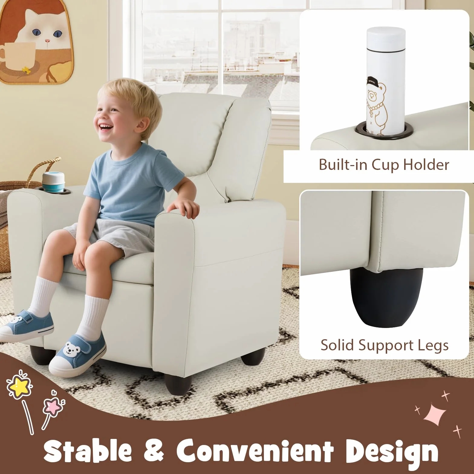 LIFEZEAL Sofá infantil, sillón infantil con función reclinable, sillón relax 2 en 1 para niños, sofá infantil con reposapiés ajustable y soporte para bebidas, sofá pequeño para habitación infantil