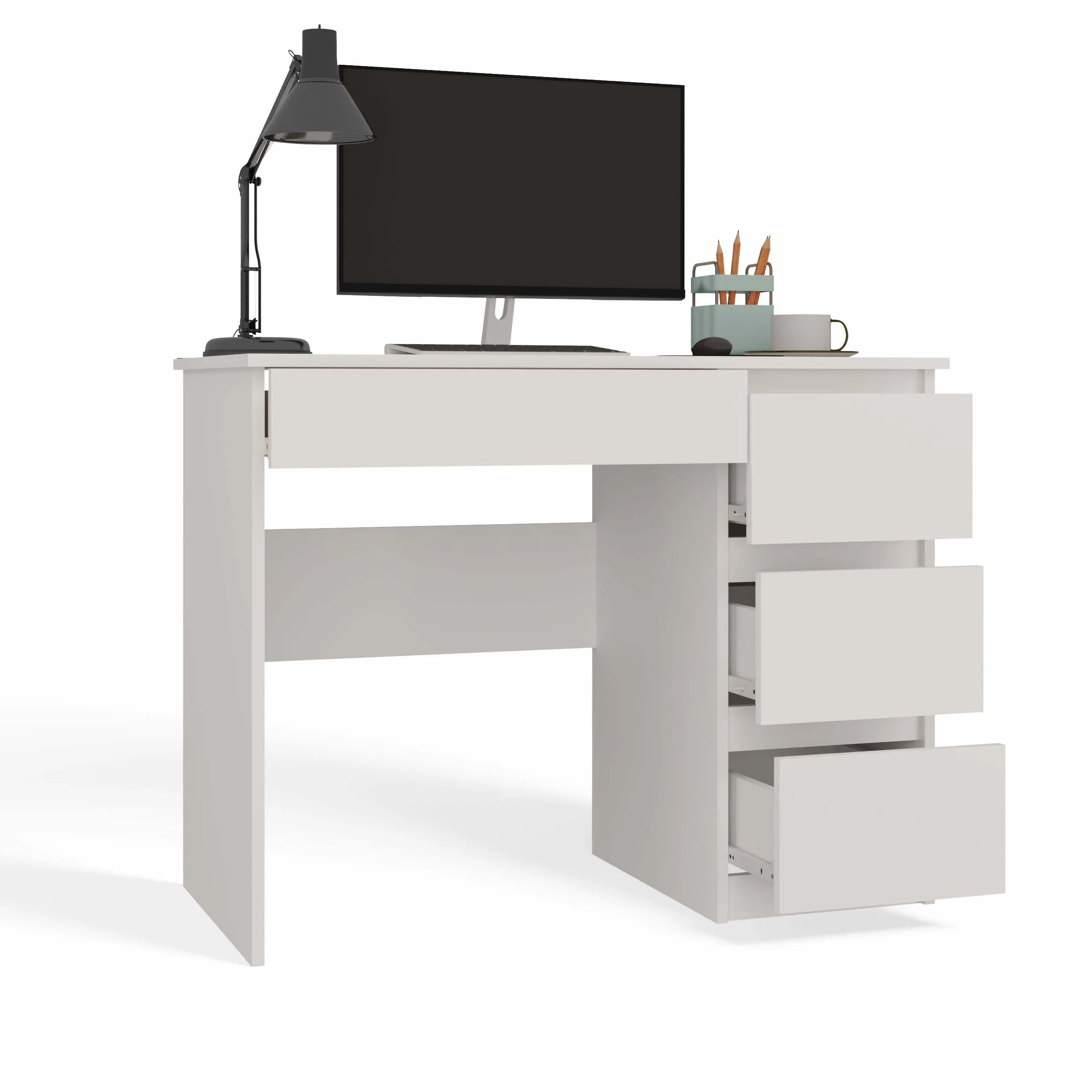 CDF Escritorio 4 Cajones Mesa de Ordenador Oficina Casa Despacho Decoración Diseño Versátil Estudio para Computadora Laptop Portátil Gaming Documentos para Trabajo Juvenil Adulto – Blanco Mate