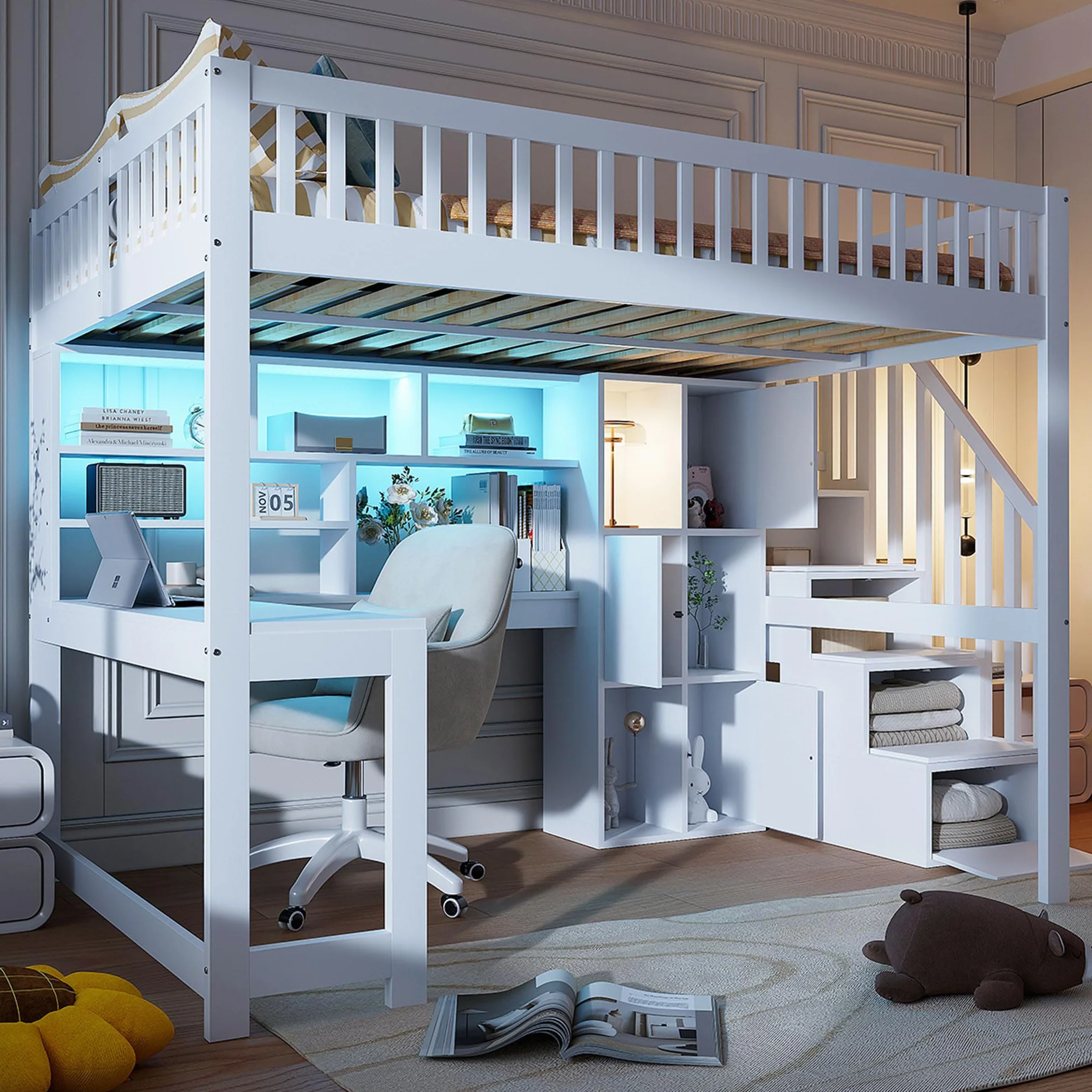 Moimhear Cama alta, 140 x 200 cm, con luces LED, escalera, estanterías, estantes, escritorio, madera de pino+MDF + Plywood, adecuado para niños y jóvenes (blanco)