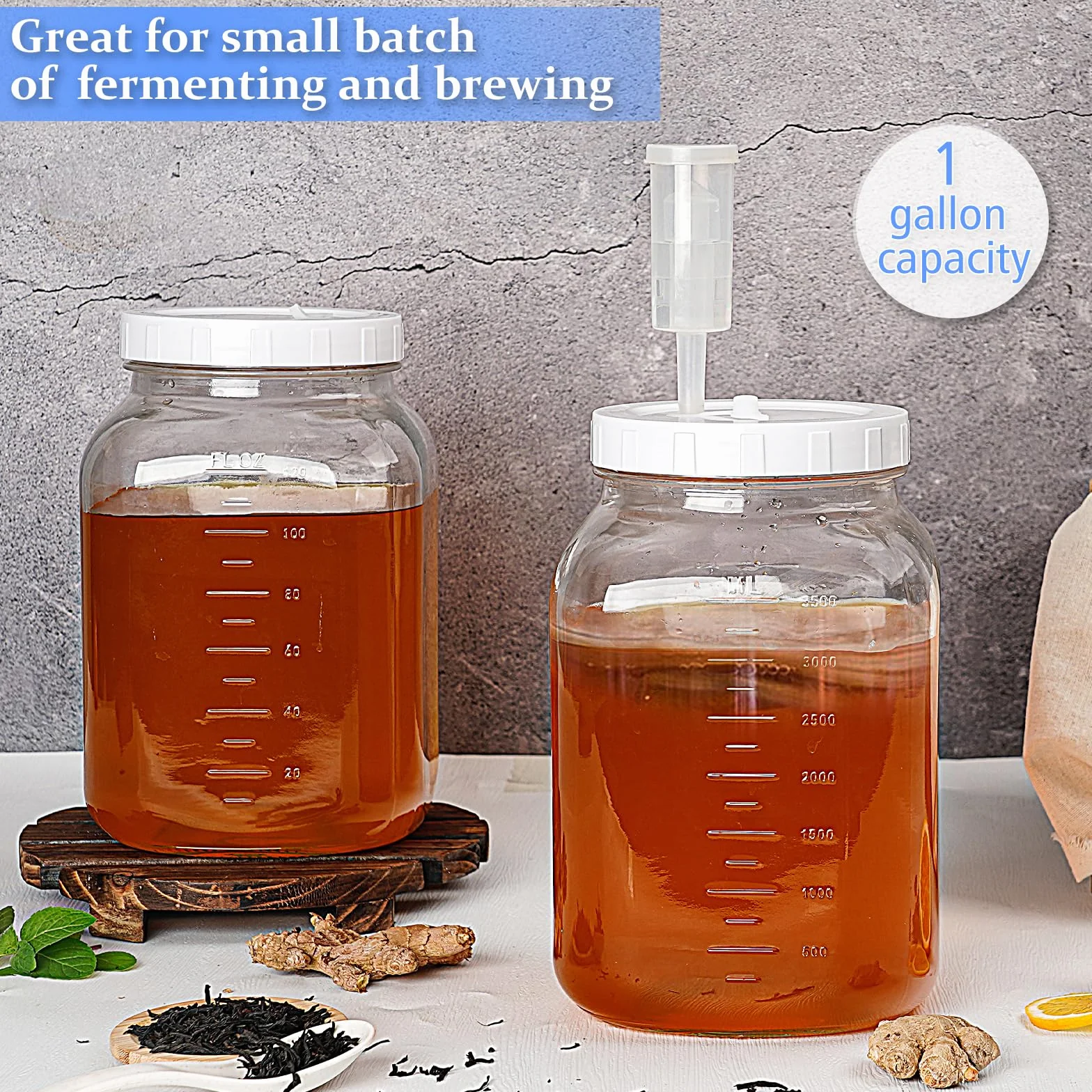 Paquete de 2 tarros de fermentación grandes con tapa y cierre de aire, tarros de vidrio de boca ancha de 1 galón con tapa de fermentación y ojal, tarros de vidrio herméticos con marca de escala para