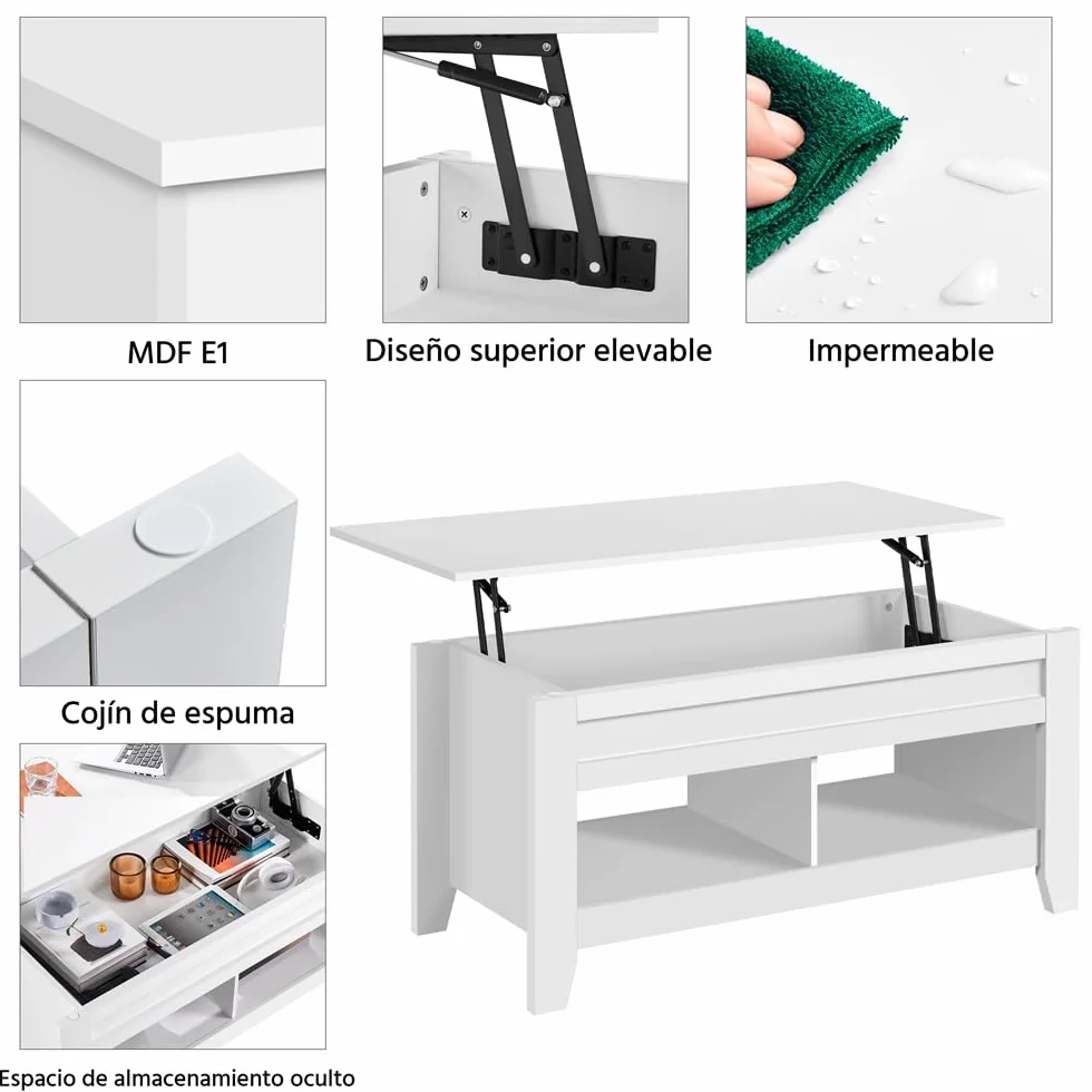 Yaheetech Mesa Centro Elevable de Madera Mesa de Café para Salón con Revistero Mueble de Diseño Moderno 104.5 x 49.5 x (49-61.5) cm Blanco