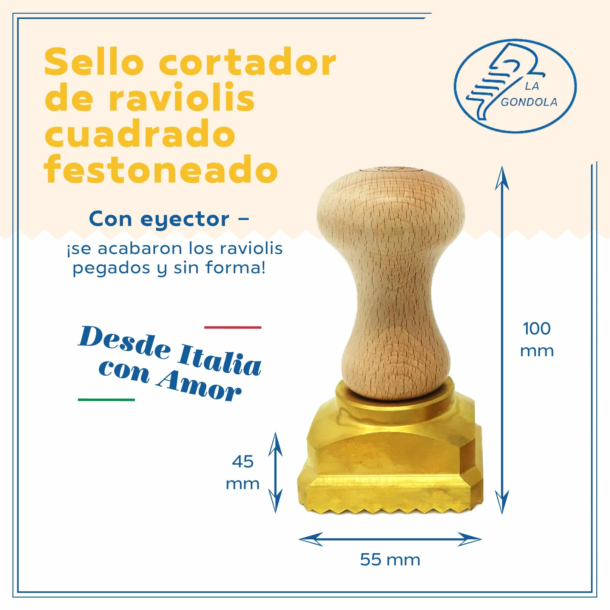 La Gondola Cortador de Raviolis Caseros - Cuadrado Festoneado 45x55 mm | Cortapastas de Latón y Madera Natural | Cortador de Pasta Robusto Fácil de Usar | Utensilio para Pasta Fresca Hechos en Italia