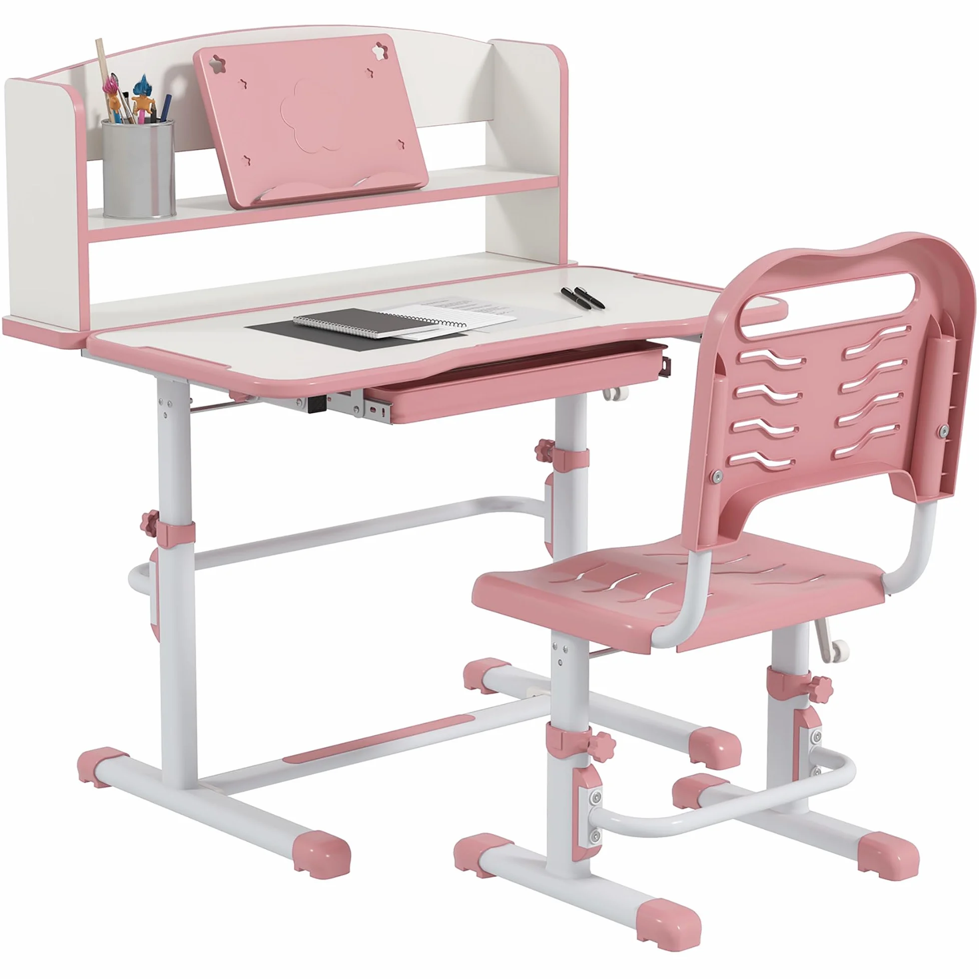 ZONEKIZ Scrivania per Bambini con Sedia, Set Banco Scuola Regolabile in Altezza con Cassetto e Piano Inclinabile, Età 6-12 Anni, Rosa