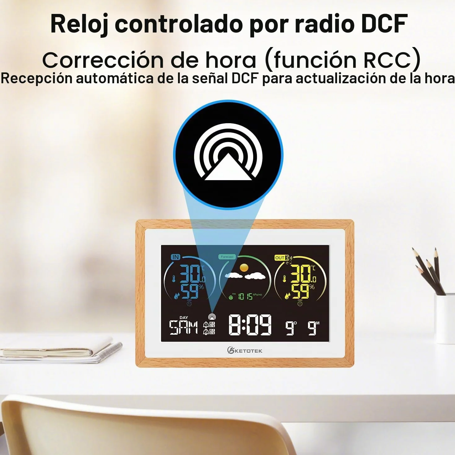 KETOTEK Estacion Meteorologica Interior Exterior, Higrómetro Termometro Barómetro Digital Casa, Estación Inalámbrica con Sensor Exterior, Retroiluminación Ajustable, Previsión Meteorológica, Alarma