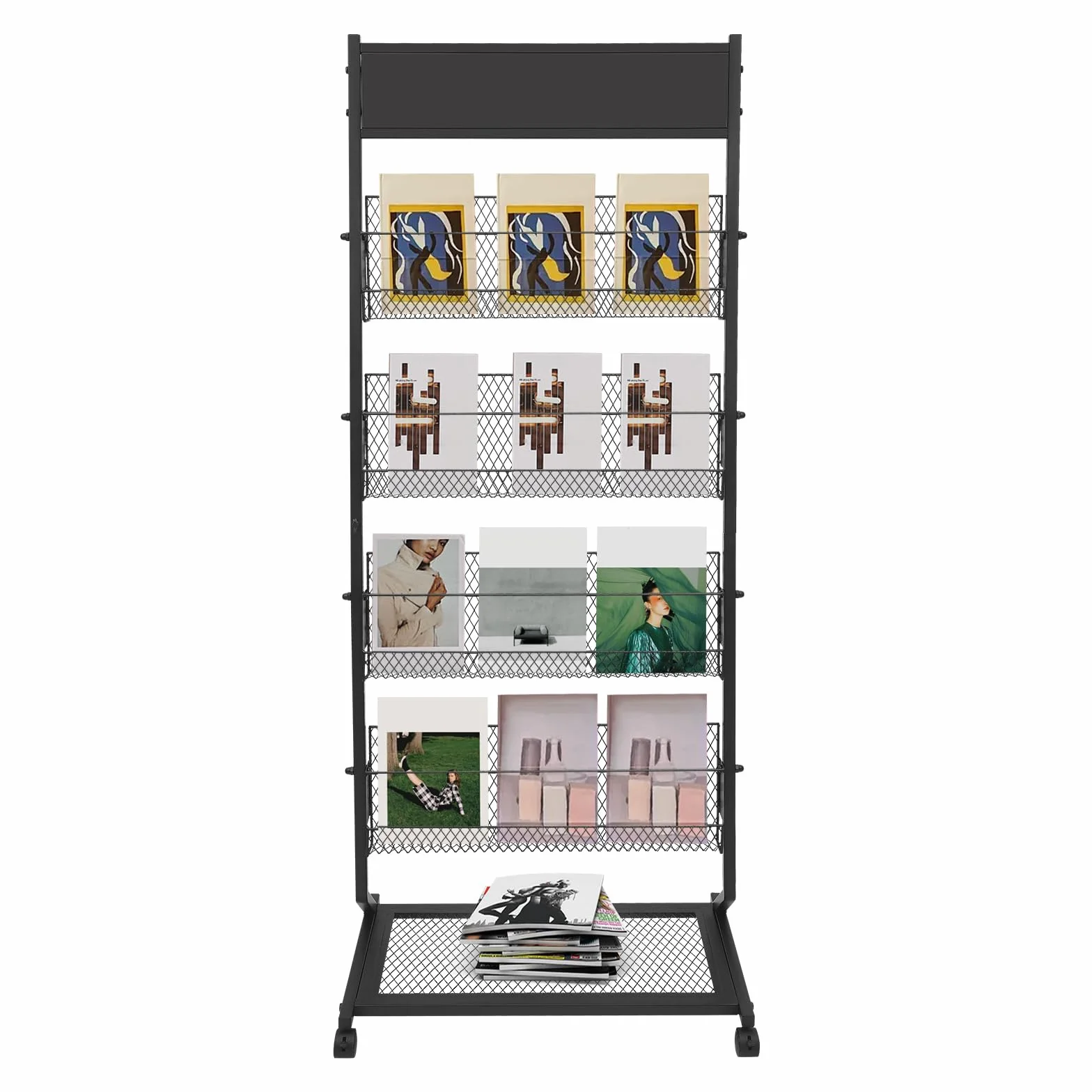 Revistero de 5 niveles, 63,5 x 36,8 x 165,9 cm, soporte de suelo para folletos con 4 ruedas, soporte de pie para folletos para ferias, hoteles, zonas de recepción