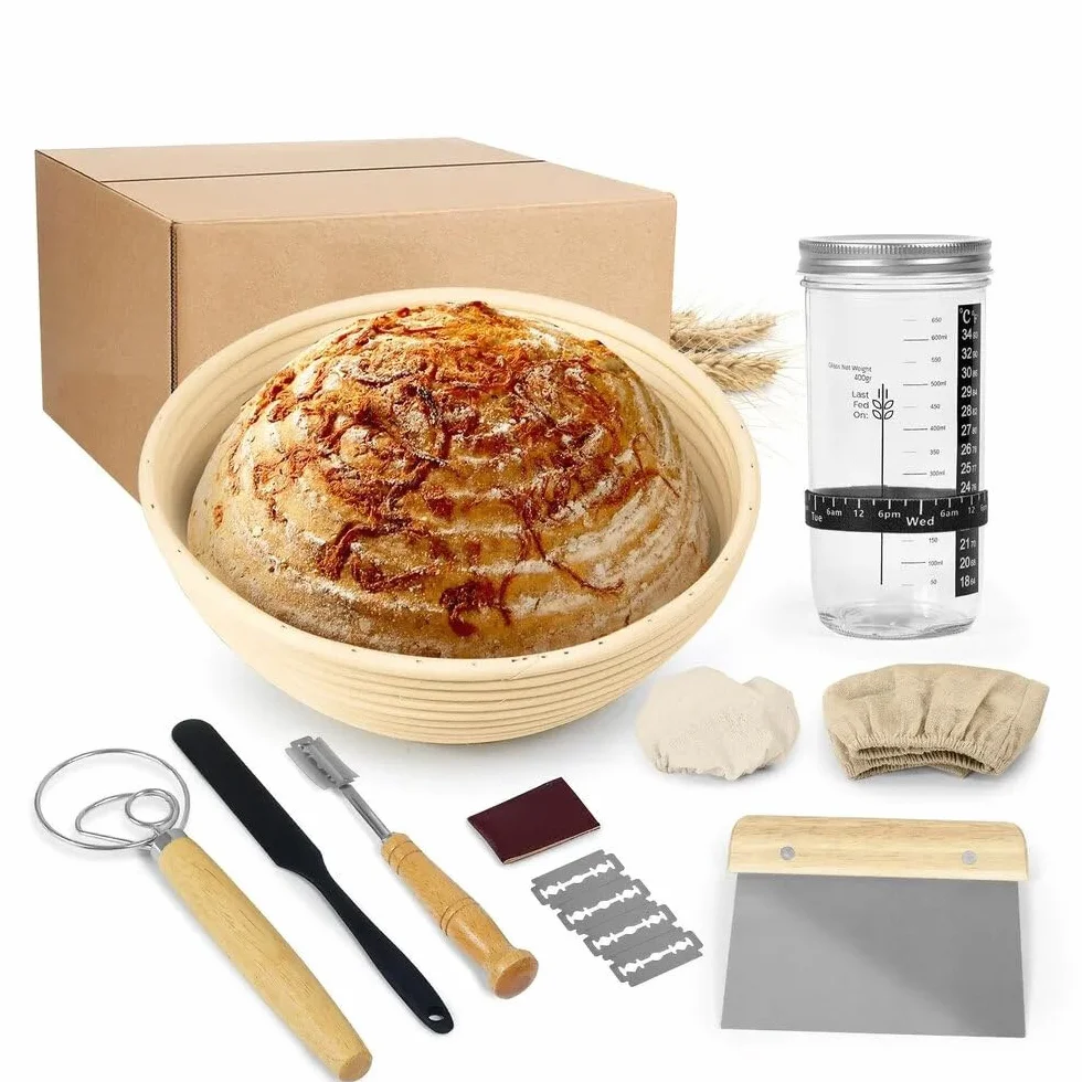Tarro de masa madre de vidrio para iniciación de masa madre, tarro de masa madre de 28 onzas de boca ancha con tapa de bambú, cuchara de madera, cubierta de tela, banda de alimentación, kit ideal de