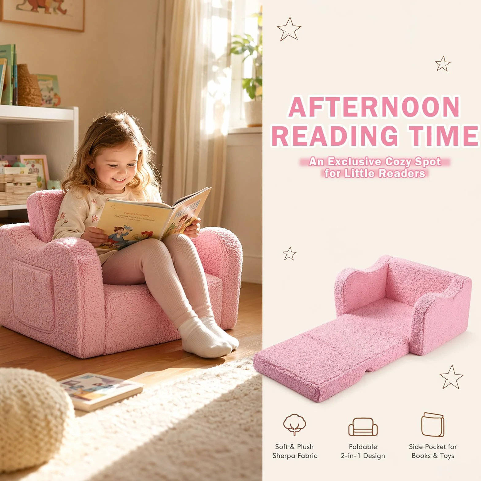 MeYuxg 3 en 1 Sofa Infantil, Sillon Bebe para Niños y Niñas, Sillón Convertible y Cama Plegable, Mini Sofá, Regalo del Niño y Cumpleaños, Rosa