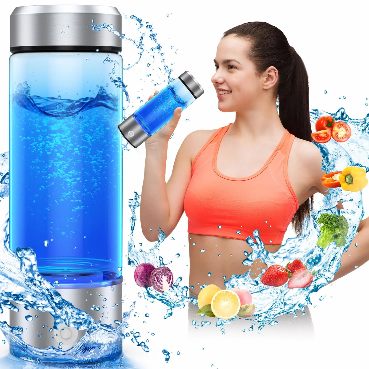 Roylvan Botella de Agua Hidrogenada, Botella con Filtrado de Agua Vidrio sin BPA, 450ml Generador Portátil de Agua de Hidrógeno Rica para Deporte, Hogar, Oficina, Viajes y Bebida Diaria, Plata
