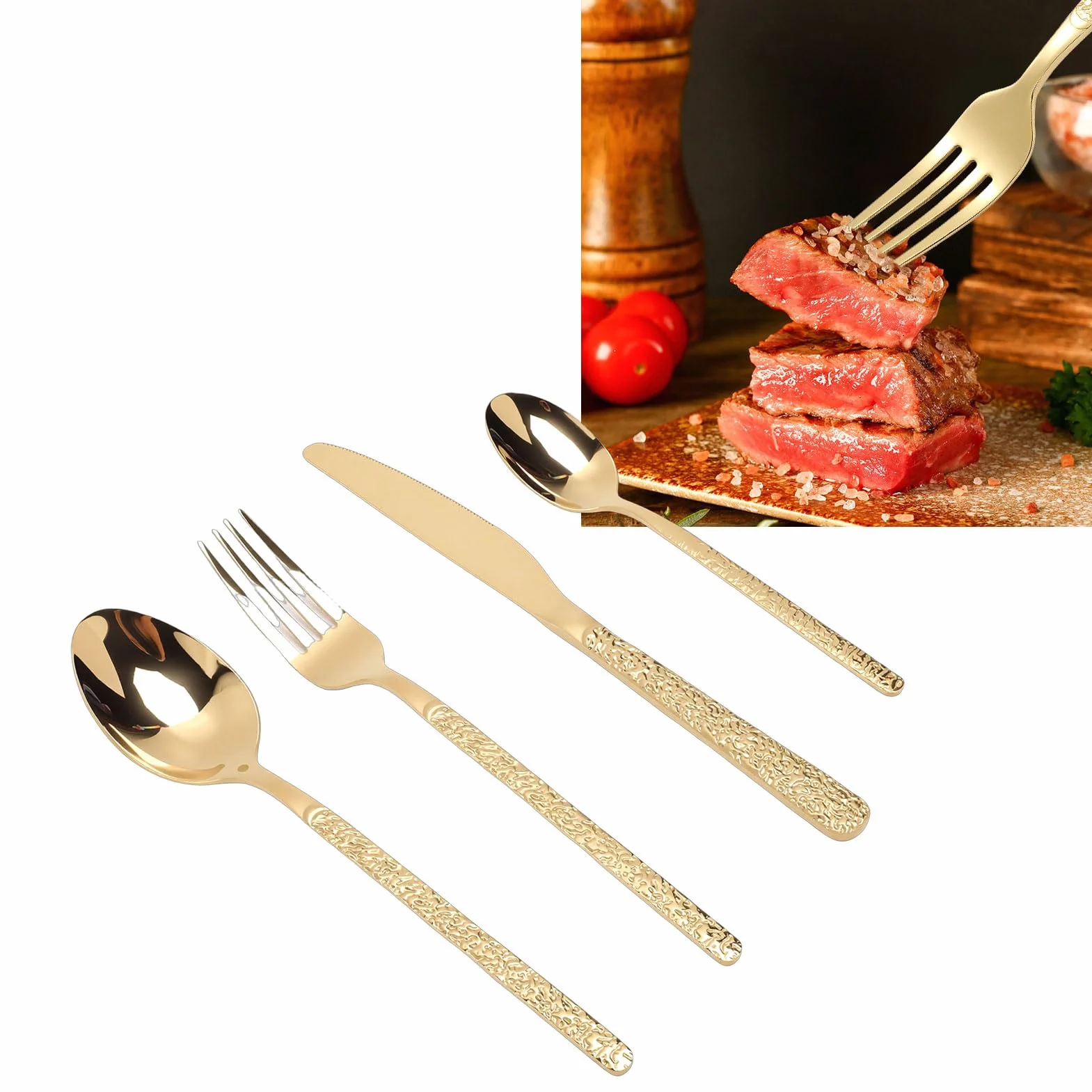 Bewinner Juego de Cubiertos de Acero Inoxidable, Cubiertos Elegantes para 6 Personas, Juego de Utensilios de Comedor para Fiesta y Boda, para Restaurante (Patrón De Piedra Oro)