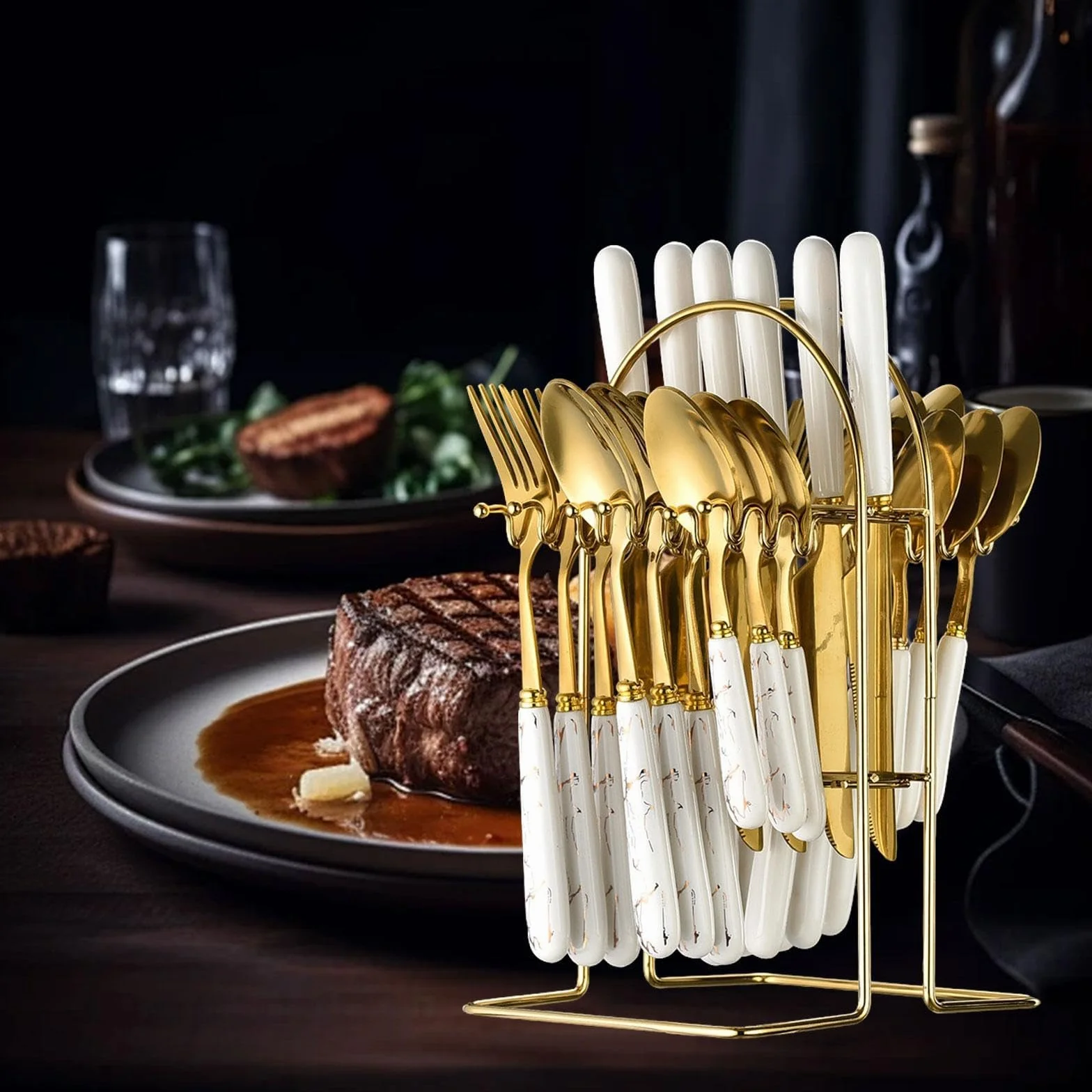 25 Piezas Vajilla de Cubiertos Acero Inoxidable Cerámica Ergonómica Pulido Soporte Colgante para Cenas Fiestas Y Hogar, Oro Blanco, Individual