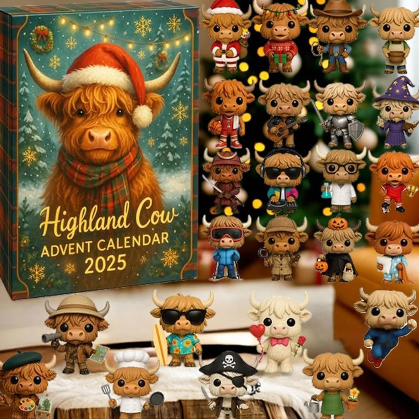 Calendario de Adviento de vaca de las Tierras Altas 2025, calendario de cuenta regresiva de Navidad de 24 días, calendario de Adviento 2025 con 24 adornos navideños de vacas de las tierras altas