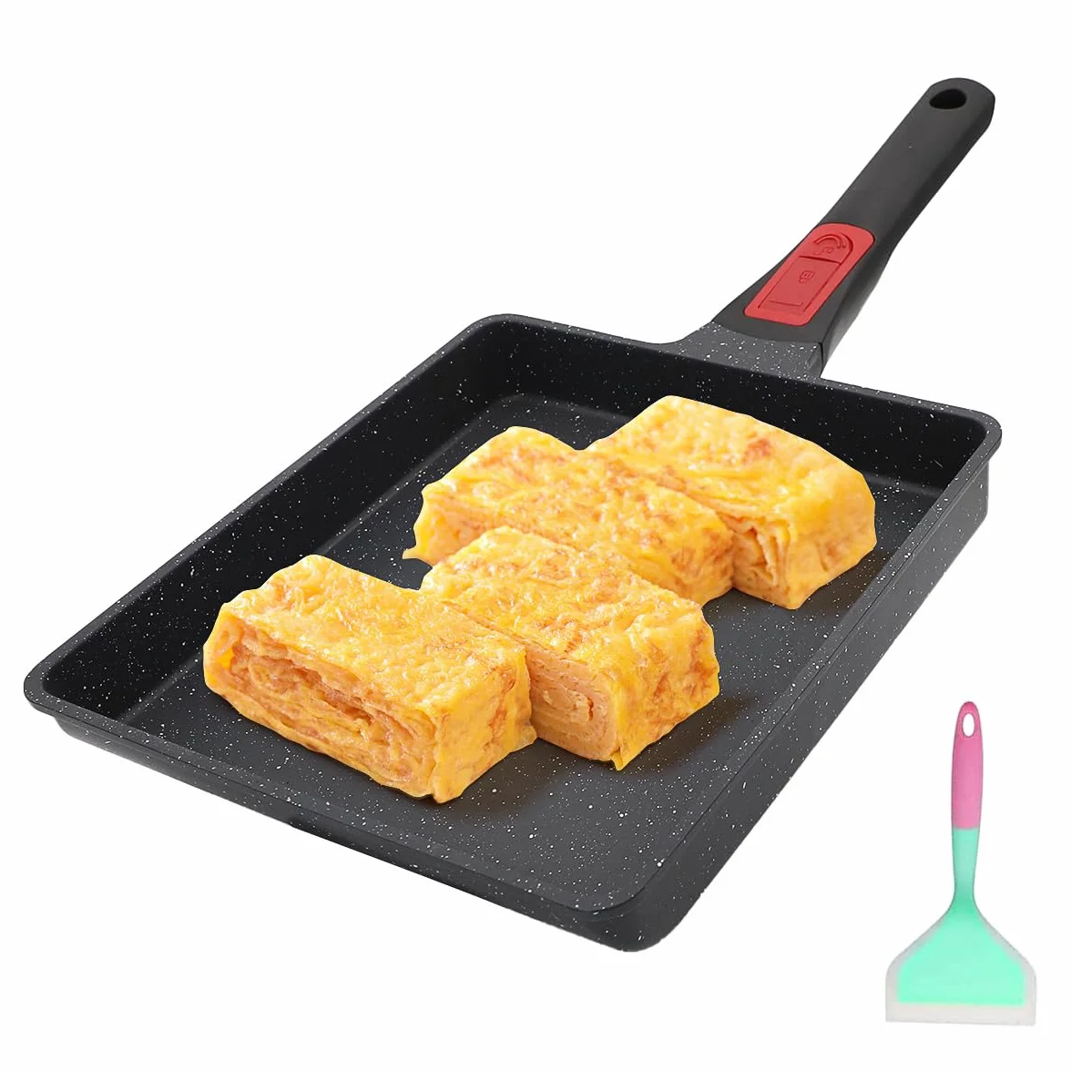 AIKENBBKK Sartén Japonesa Antiadherente para Tortillas, 23x21 cm Grande Tamagoyaki Sartén con Mango Desmontable Rectangular Sartén para Huevos, Apta para Horno y Lavavajillas(Negro)