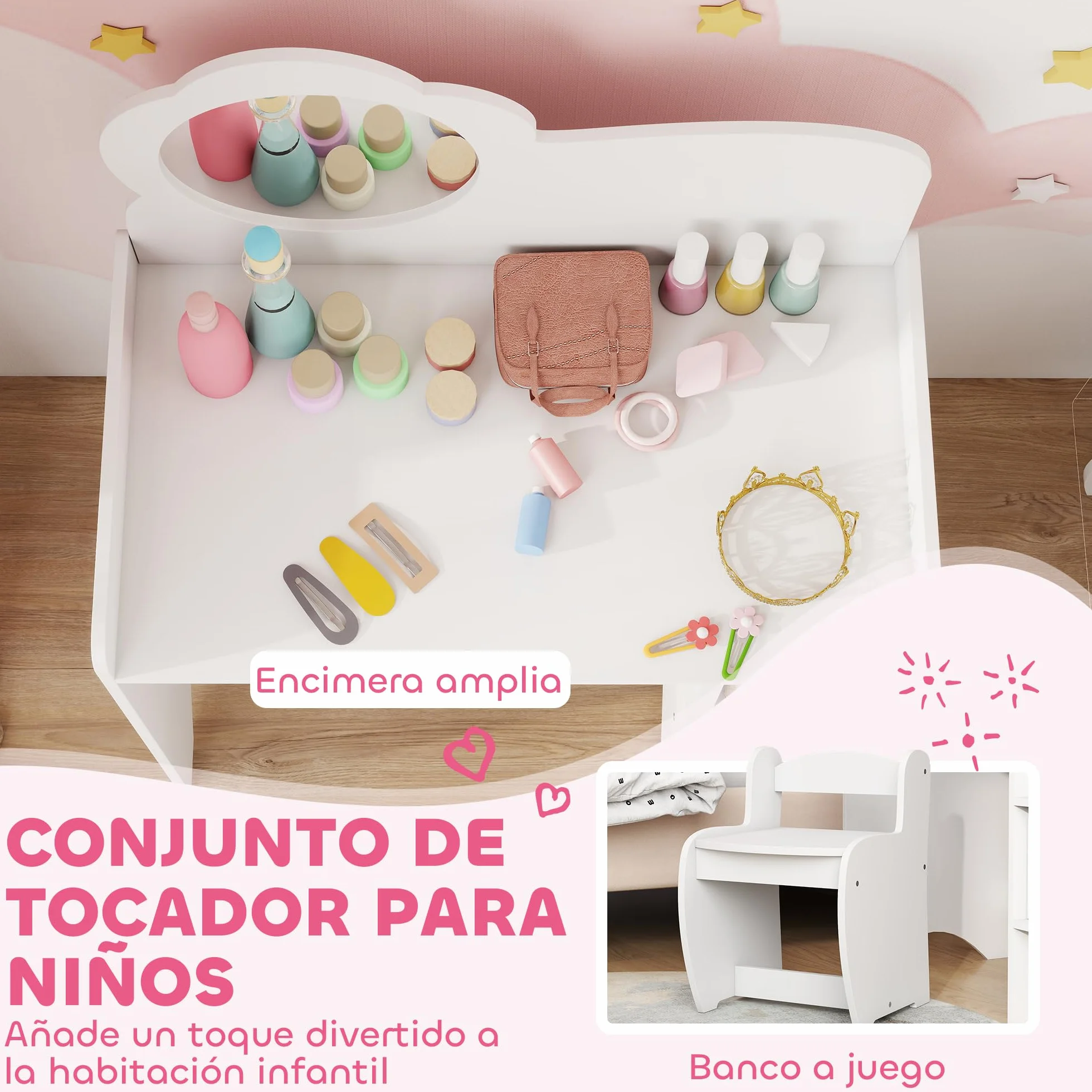 AIYAPLAY Tocador de Maquillaje Niña 2 en 1 Escritorio con Taburete Espejo Flor Estantes Abiertos Blanco