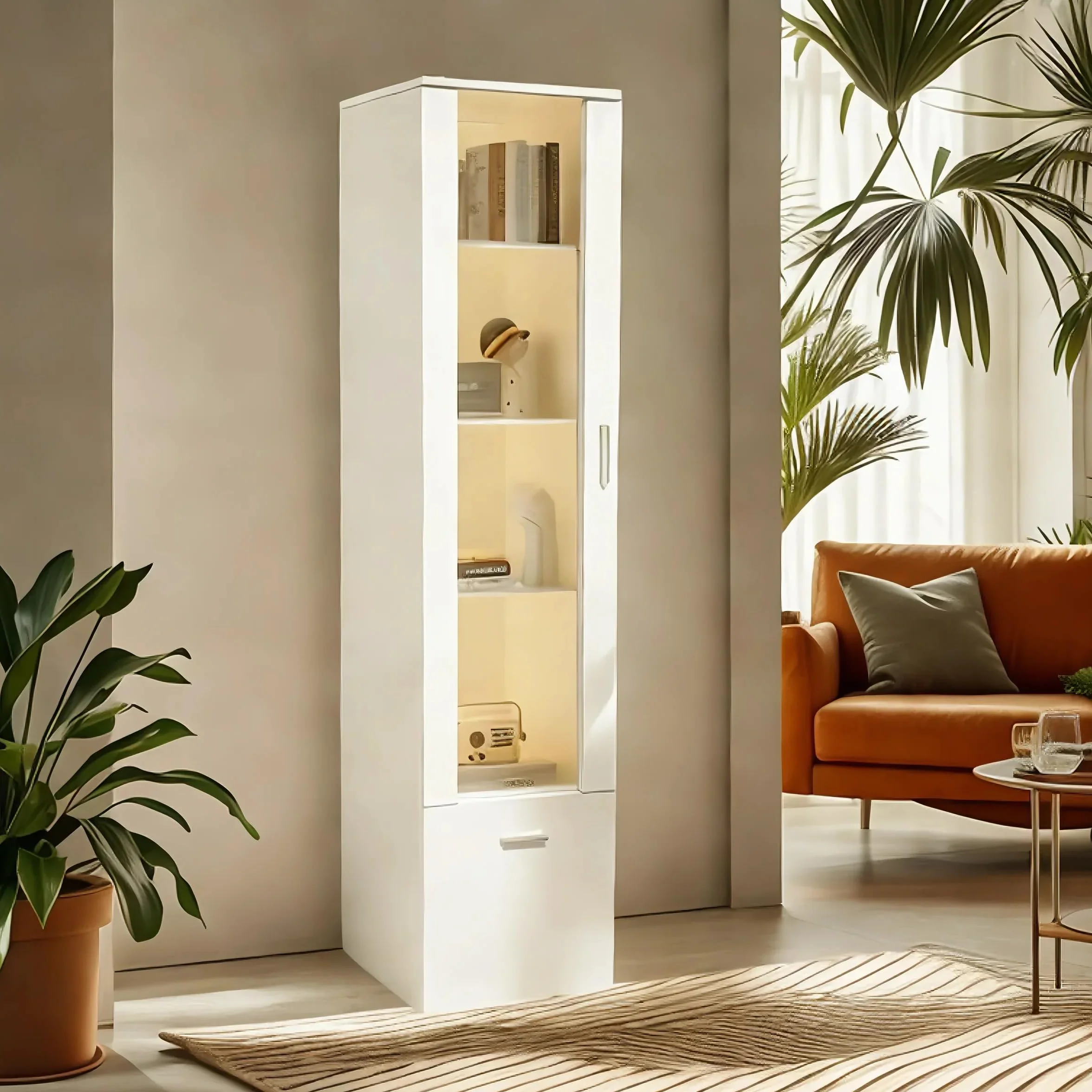 Vitrina LED con Puerta Y Estantes de Cristal, Luces para Armario de Almacenamiento, para Salón De Oficina, 42 x 30 x 160 cm (1, Blanco)
