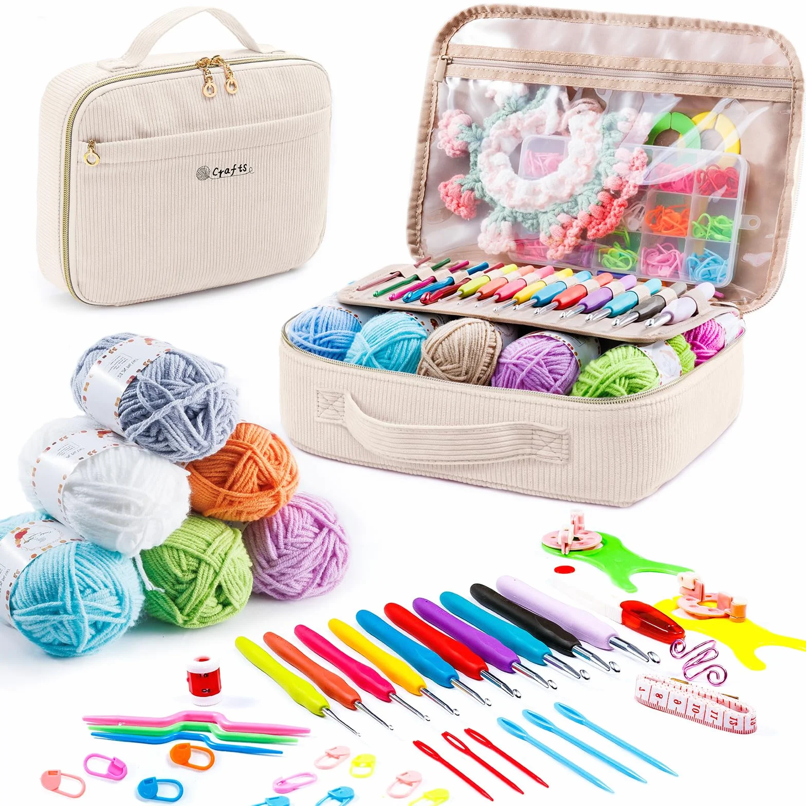 MYBAGZING Kit de ganchillo para principiantes con bolsa de almacenamiento de hilo, 10 ganchos de ganchillo de 2 a 6 mm, 10 madejas de hilo para ganchillo, accesorios de tejer, kit de inicio de