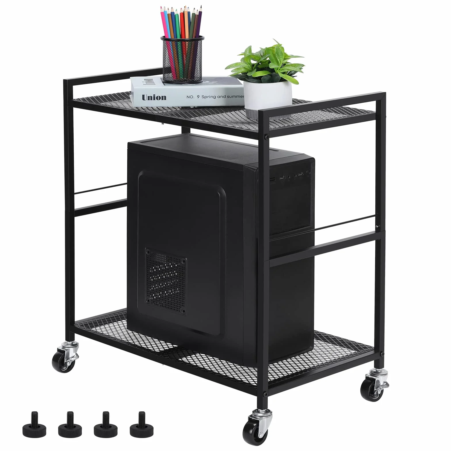 YBING, Soporte de Metal para Torre de Ordenador de 2 Niveles con Ruedas giratorias, para Debajo del Escritorio, para Impresora, fax, Oficina en casa, Negro