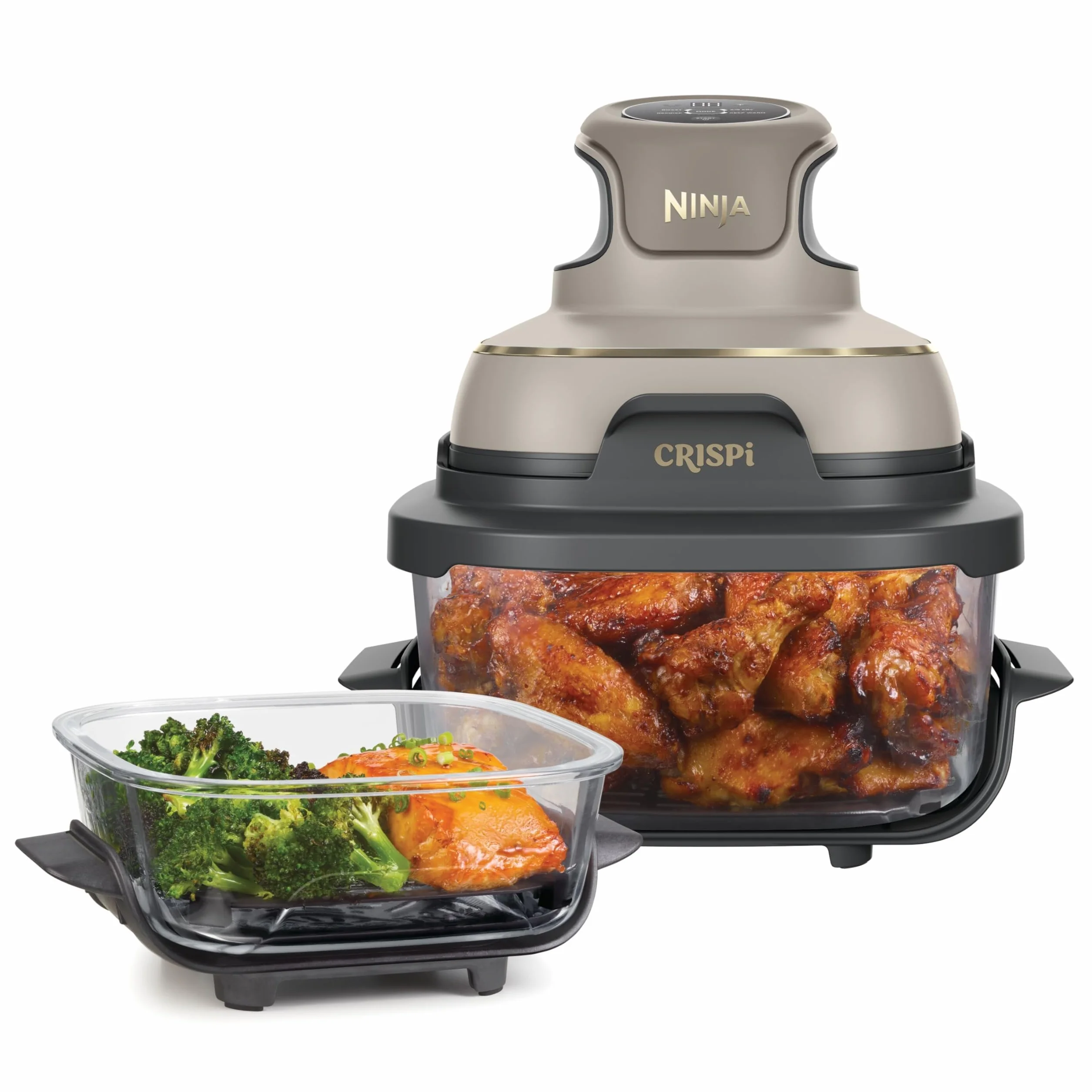 Ninja CRISPi Freidora de aire portátil, 3,8 l, 4 en 1, freír con aire, asar, mantener caliente y gratinar, incluye 2 recipientes de vidrio extraíbles y tapas, piedra dorada, FN101EUSTGD