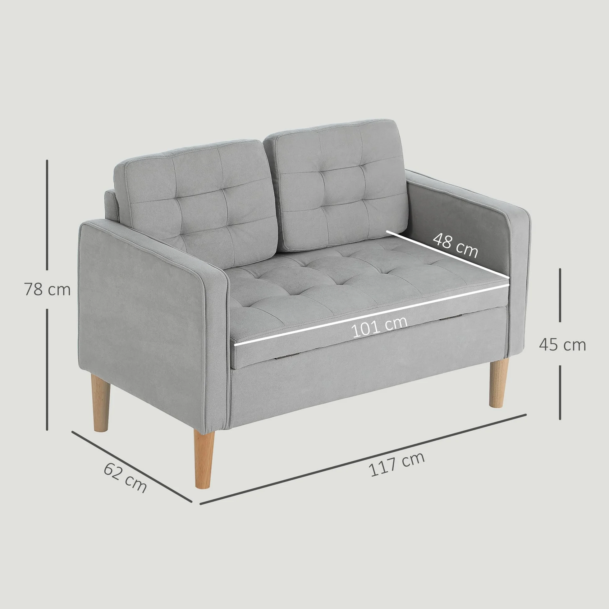 HOMCOM Sofá de 2 Plazas con Espacio de Almacenamiento, Sofá Moderno de Terciopelo con Patas de Madera, Respaldo Capitoné, para Salón, Dormitorio, Oficina, 117x62x78 cm, Gris Claro