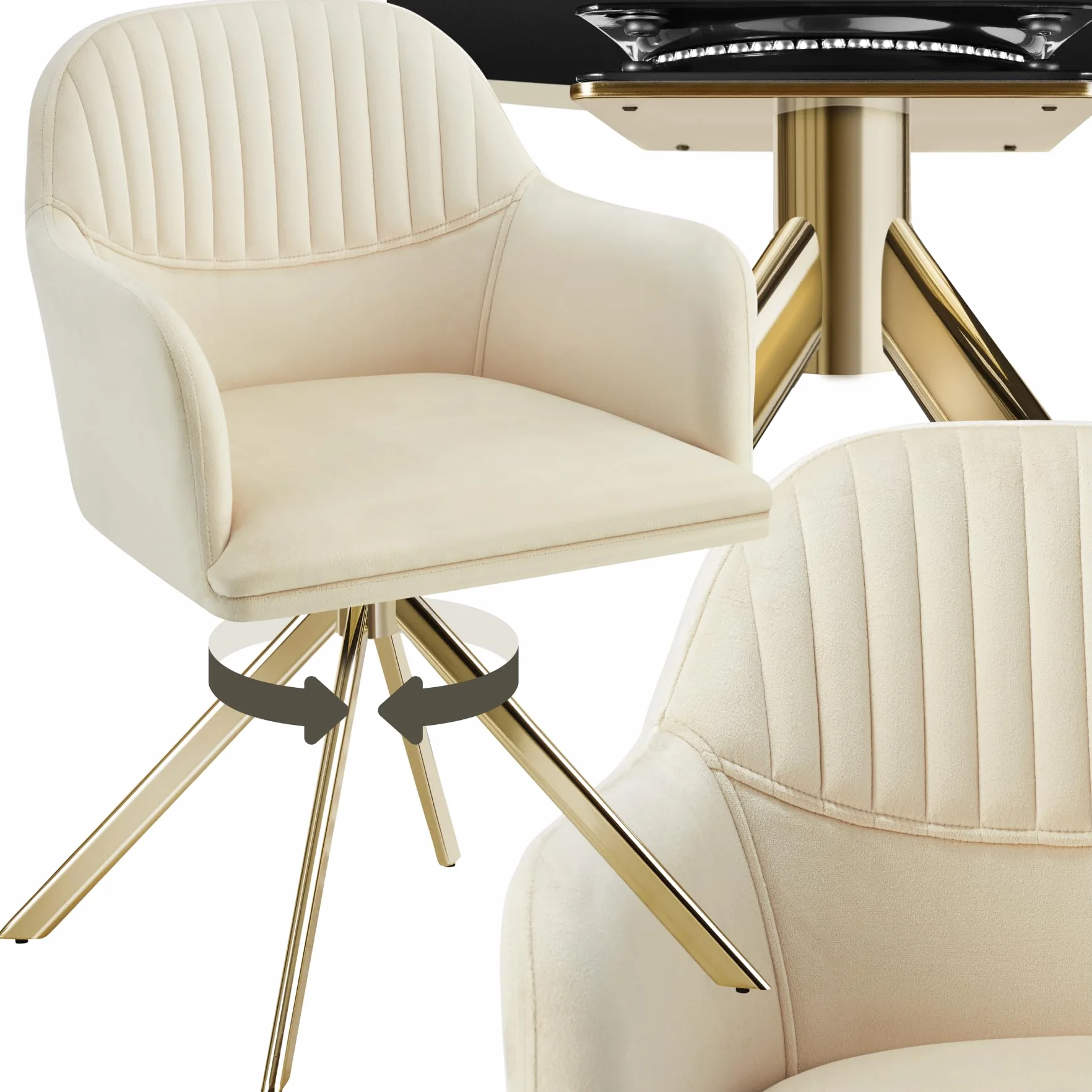 tectake® Silla Giratoria Tapizada con Respaldo Continuo, Patas de Acero Giratorias 360º, Silla Dormitorio, Butacas de Salon, Sillas Comedor, Silla Comedor Nordica - 1 Silla Crema/Oro