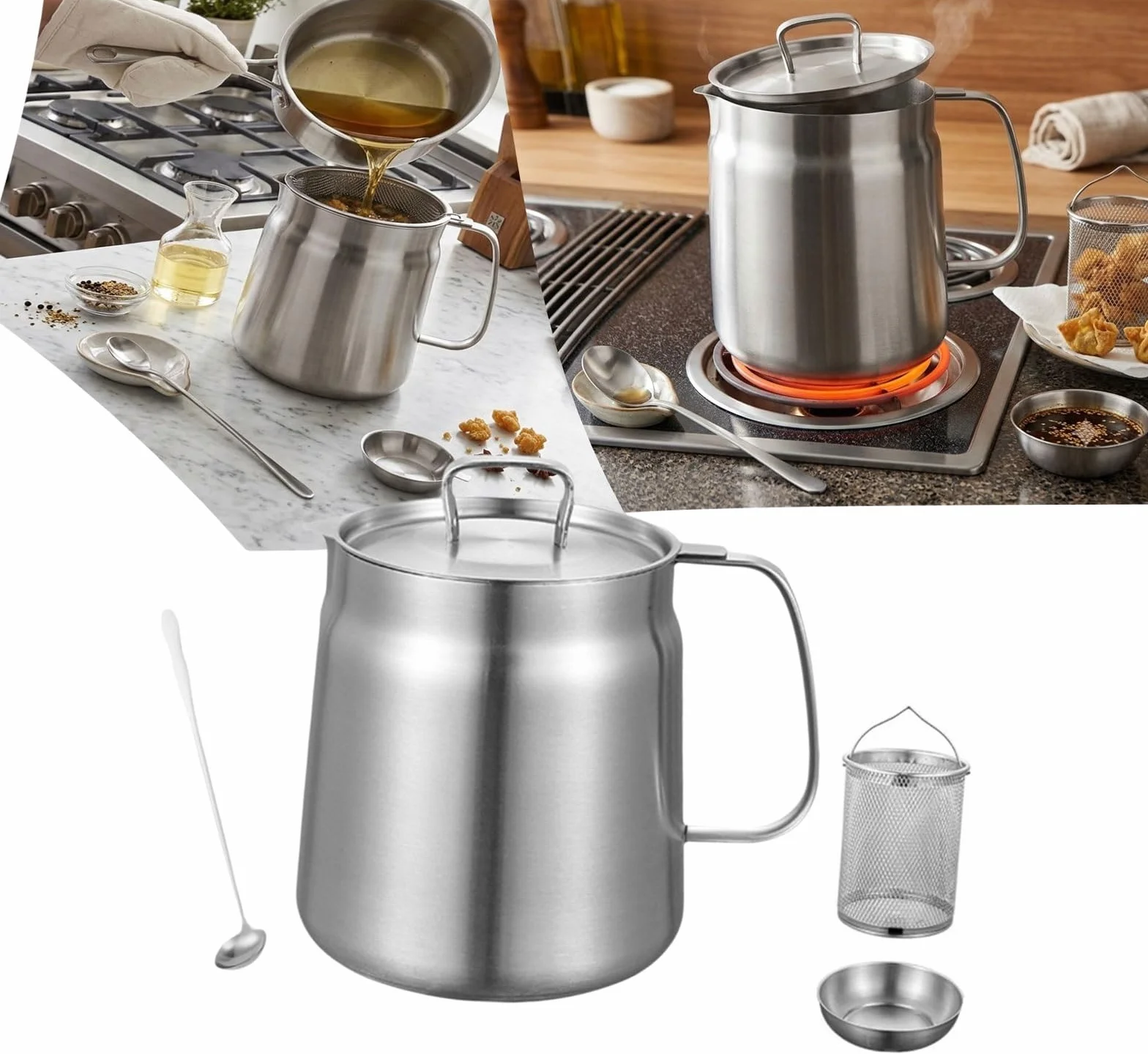 Genérico Olla Colador De Aceite Multifuncional 2 En 1, Freidora De 1.5 L (51 Oz) Con Cesta, Filtro De Malla Fina Y Cucharón De Acero Inoxidable Gratis