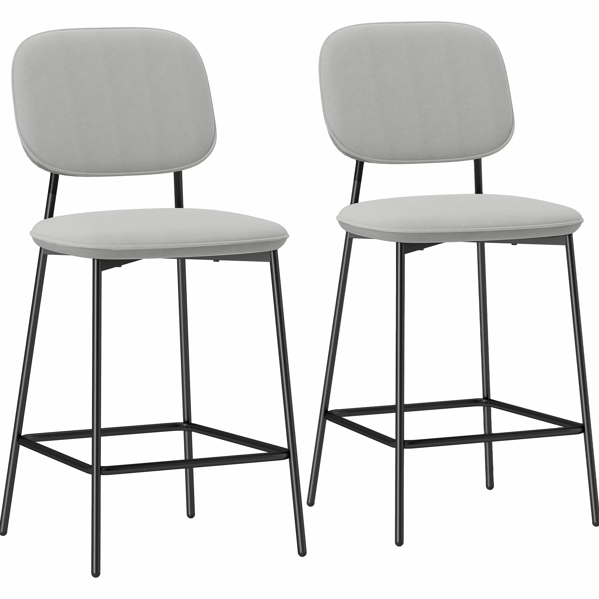 HOMCOM Juego de 2 Taburetes de Bar con Respaldo y Reposapiés Gris Claro | Taburetes Altos de Cocina, Tapizado en Terciopelo, Marco de Acero, para Comedor Mostrador