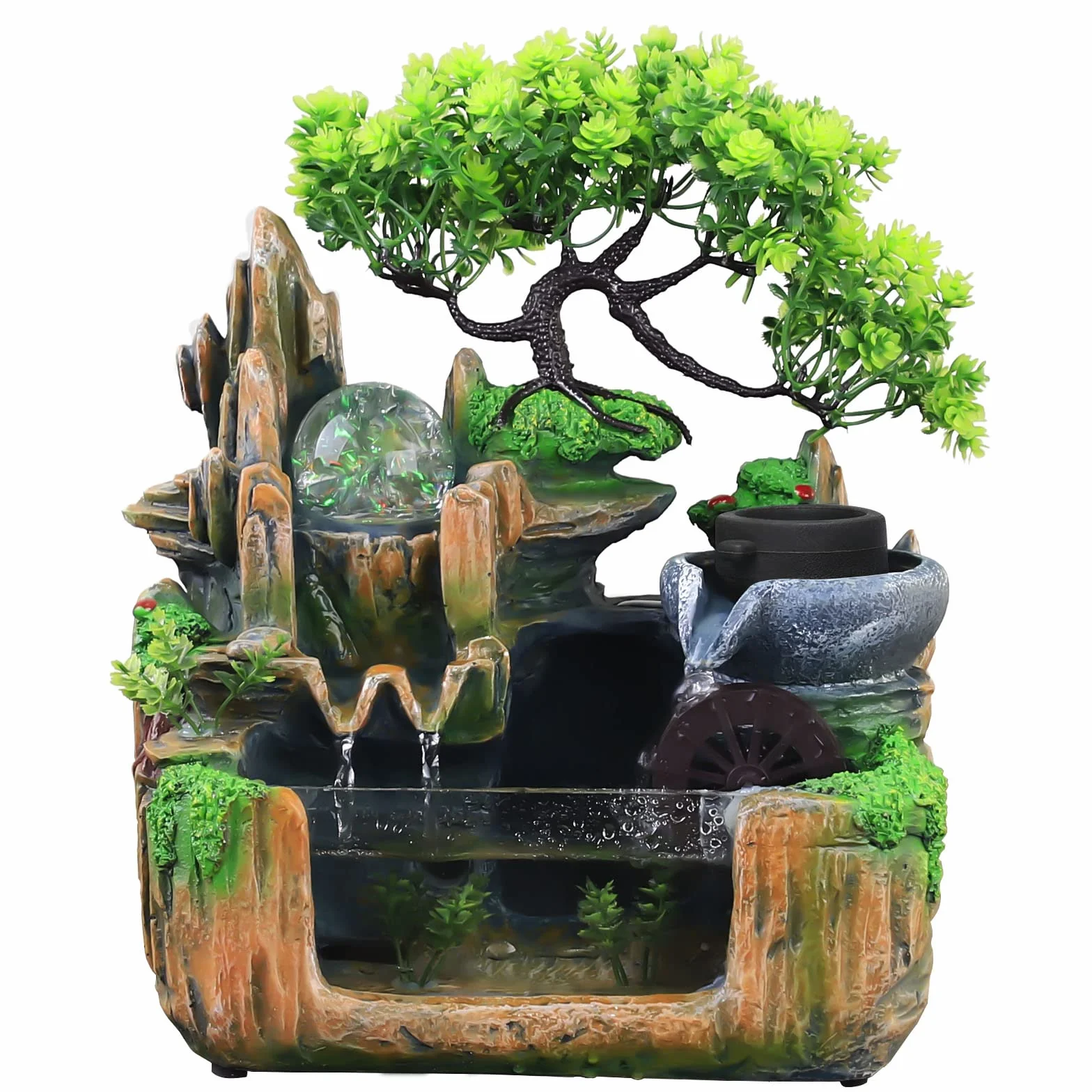 Fuente de mesa de cascada, 220 V, resina con luz LED, pequeña fuente de agua rocosa para interior con lámpara LED, efecto atomizador, 25 x 15 x 27 cm