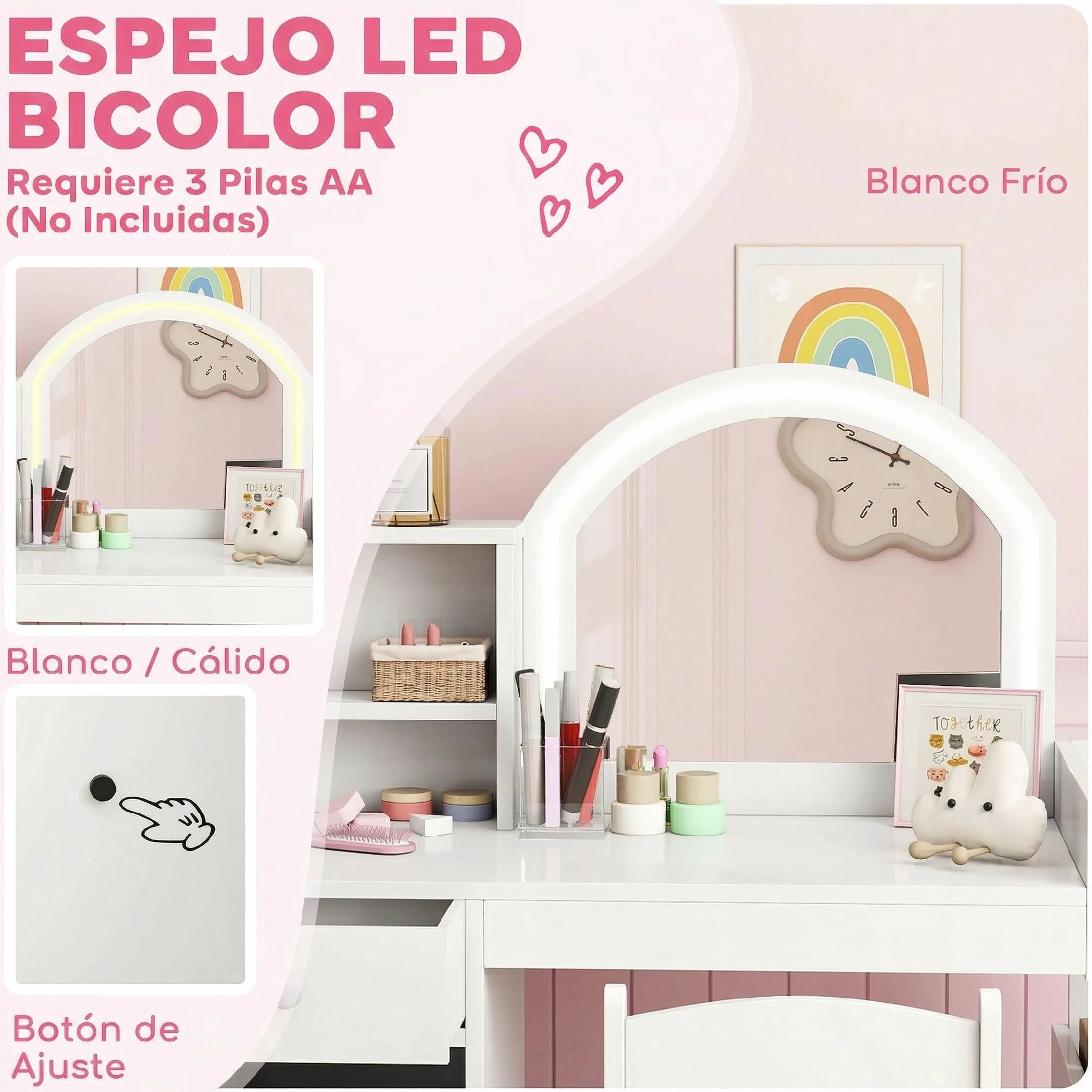 AIYAPLAY Tocador de Maquillaje Niña Infantil con Taburete, Espejo LED, Cajón y Estantes, Blanco