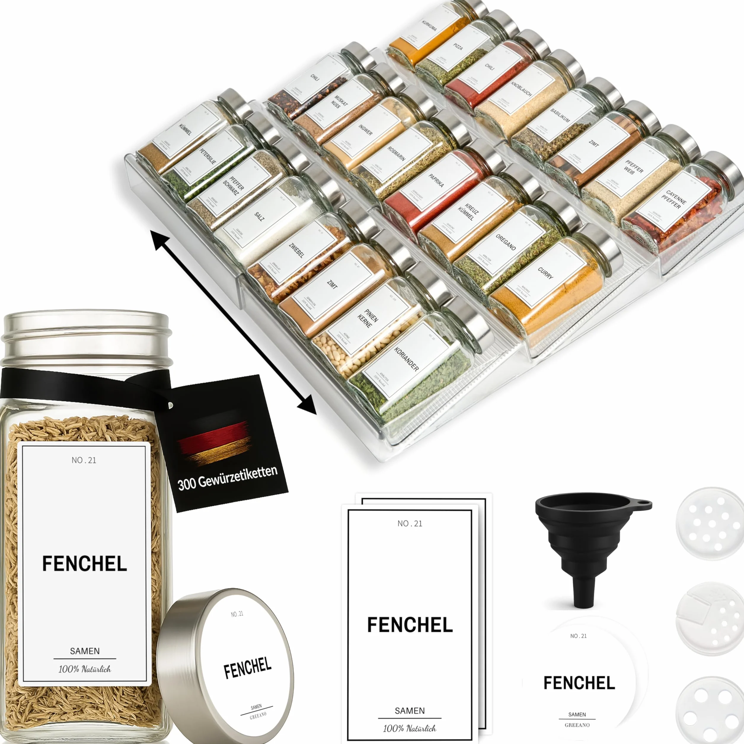 Tarros de especias con estante [24 x 120 ml] incluye 300 etiquetas para especias [DE] – Estante para especias con tarros – Organizador de especias cajón con tarros – Estantería para especias