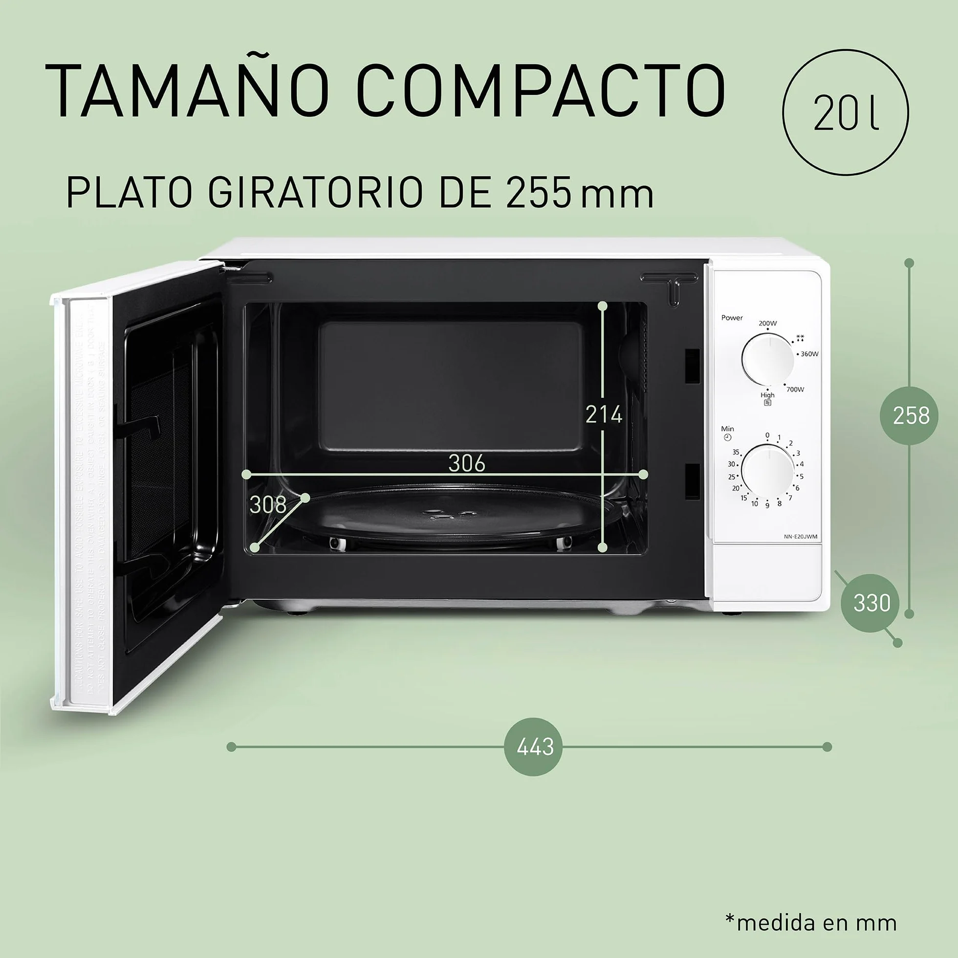 Panasonic Horno microondas 20L 800W Plato Giratorio Cristal Descongelación 5 Niveles Potencia Temporizador Blanco