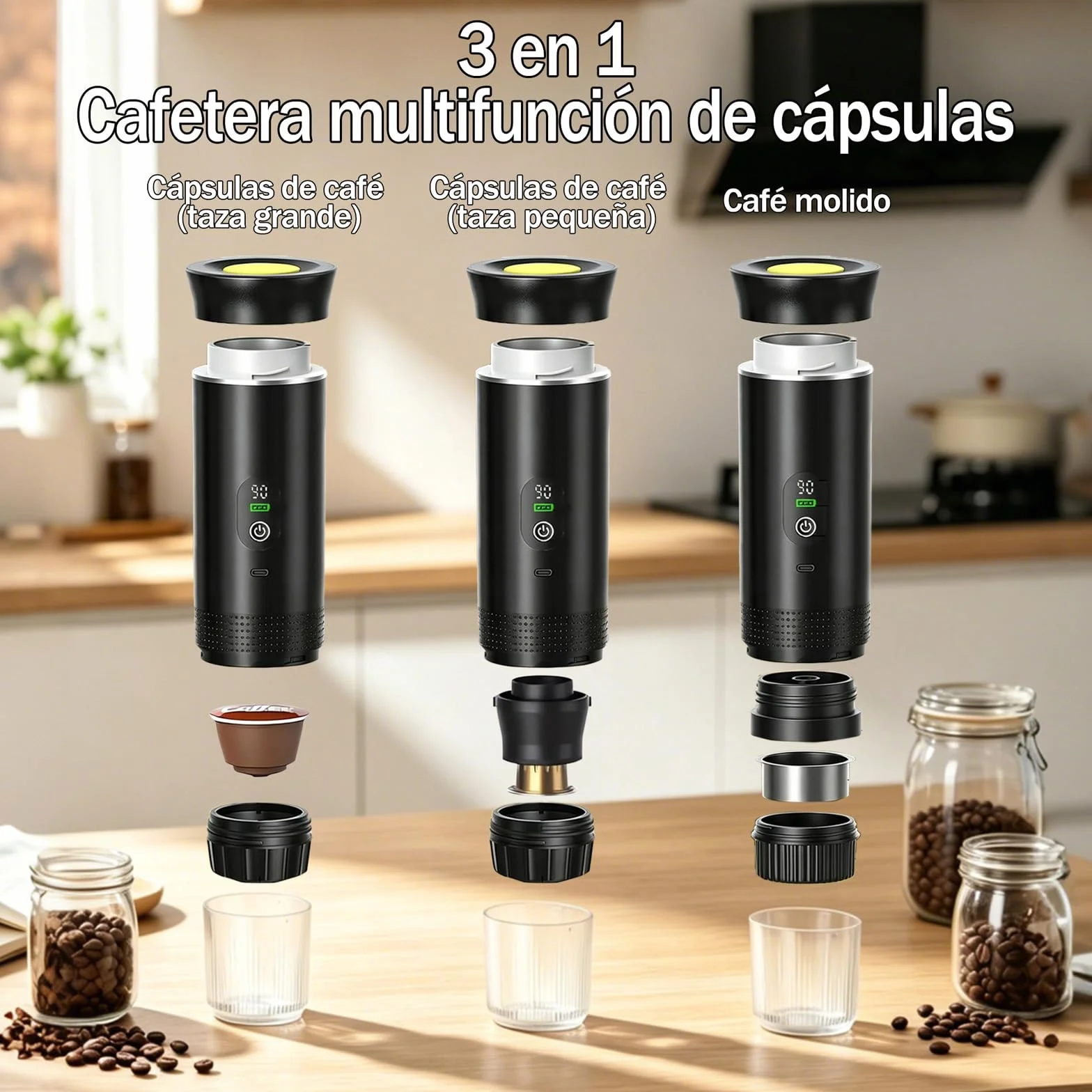 Nueva Cafetera de café espresso 3en1, para coche u oficina,Ideal para viaje | 20 bares, con pantalla LED,Máquina de café 80 ml compatible con cápsulas y café molido,Große Kaffeepulverschale (16 g)