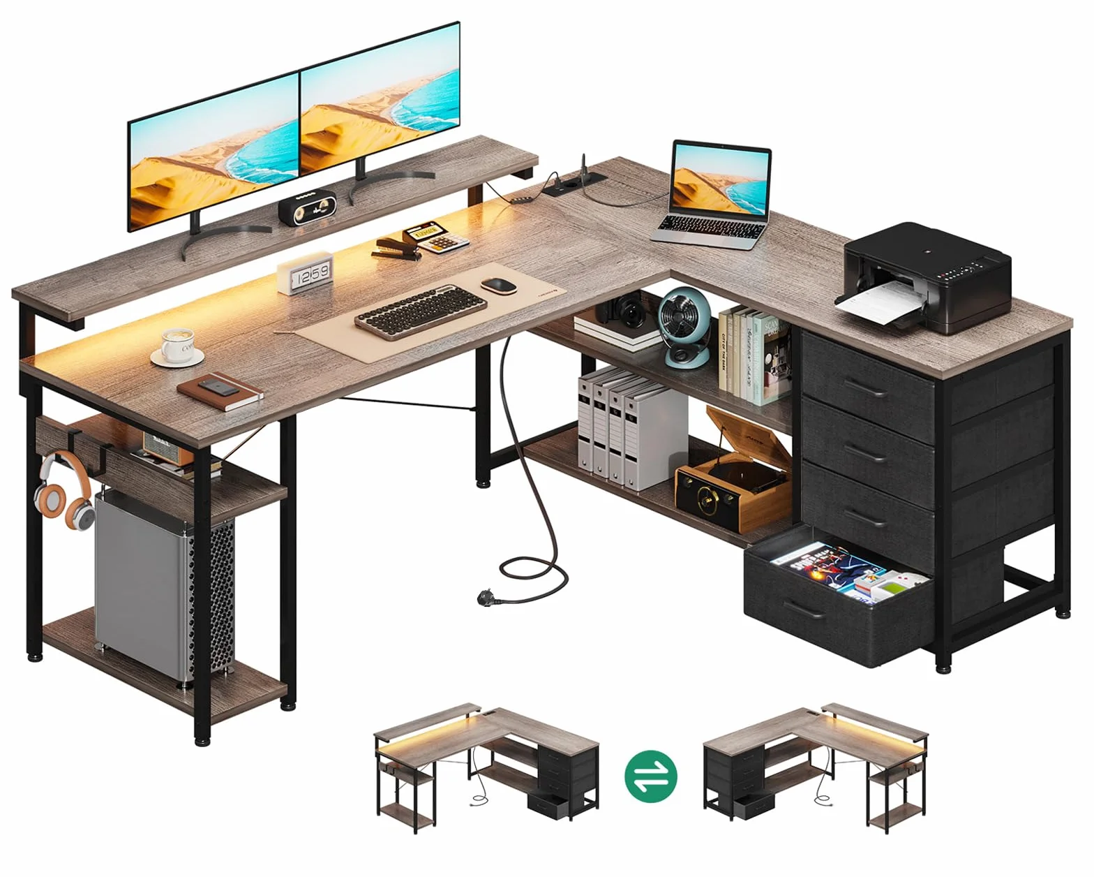 ODK Escritorio con Cajones, 155×110cm Escritorio Esquinero Reversible con 2 Enchufes y 2 Puertos USB, Mesa de Oficina en Forma de L con LED para Oficina en Casa, Roble Gris