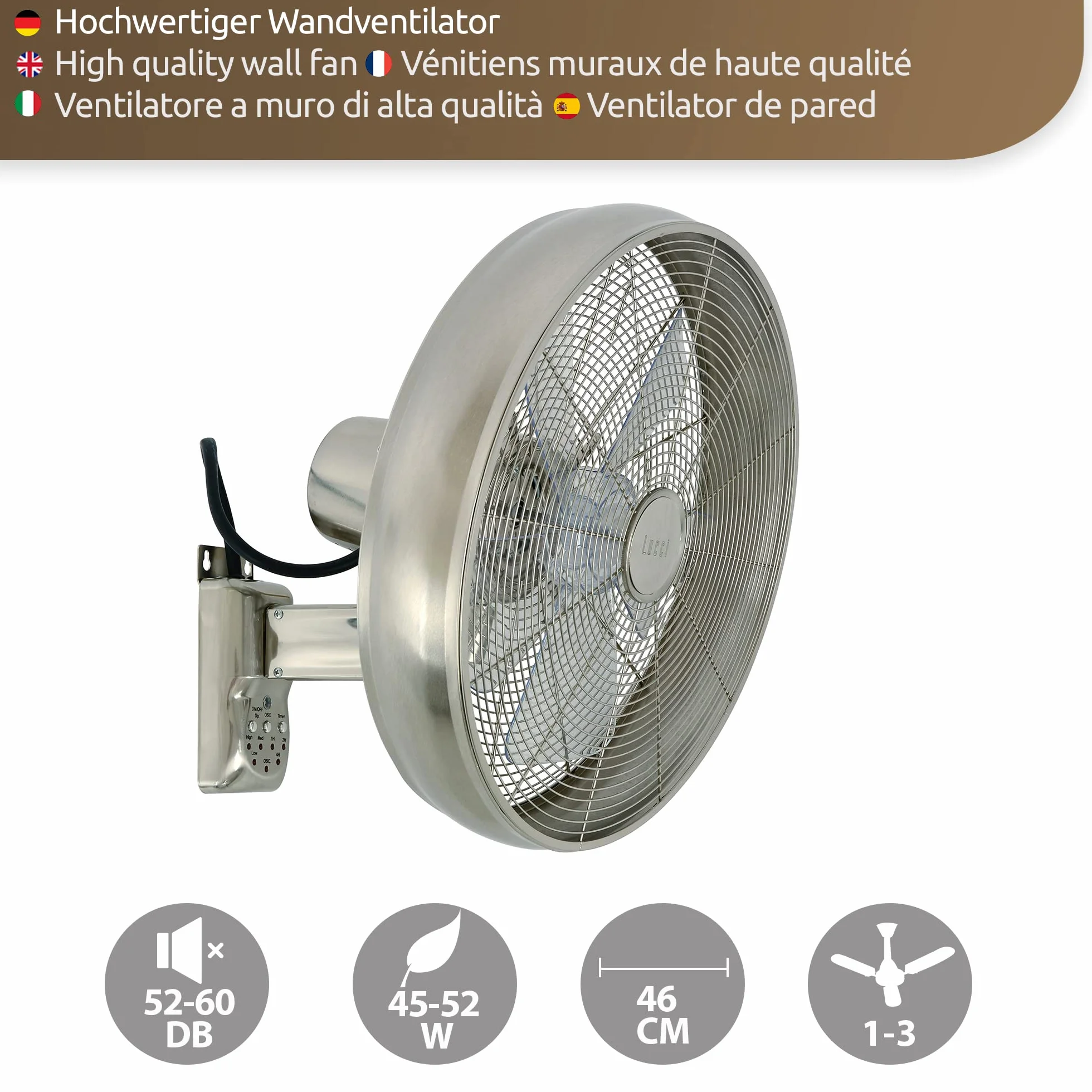 LUCCI AIR Ventilador de pared Breeze con mando a distancia, ventilador de pared con función giratoria automática, diámetro de 46 cm, acero