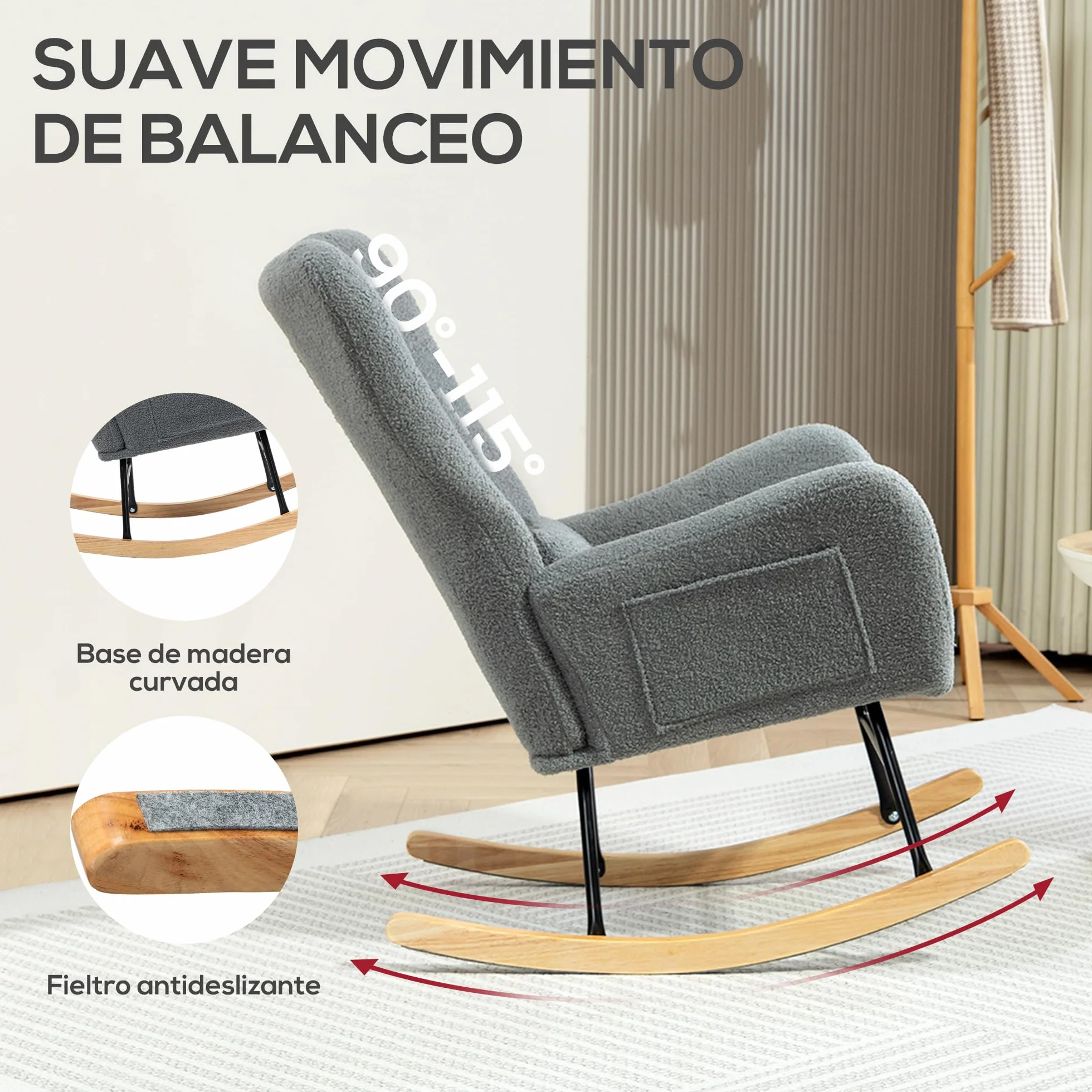 HOMCOM Silla Mecedora Moderna, Mecedora Tapizada en Terciopelo de Teddy, Sillón de Lactancia con Respaldo Acolchado Alto, Almohada, Patas de Madera, Bolsillo Lateral, para Dormitorio, Salón, Gris