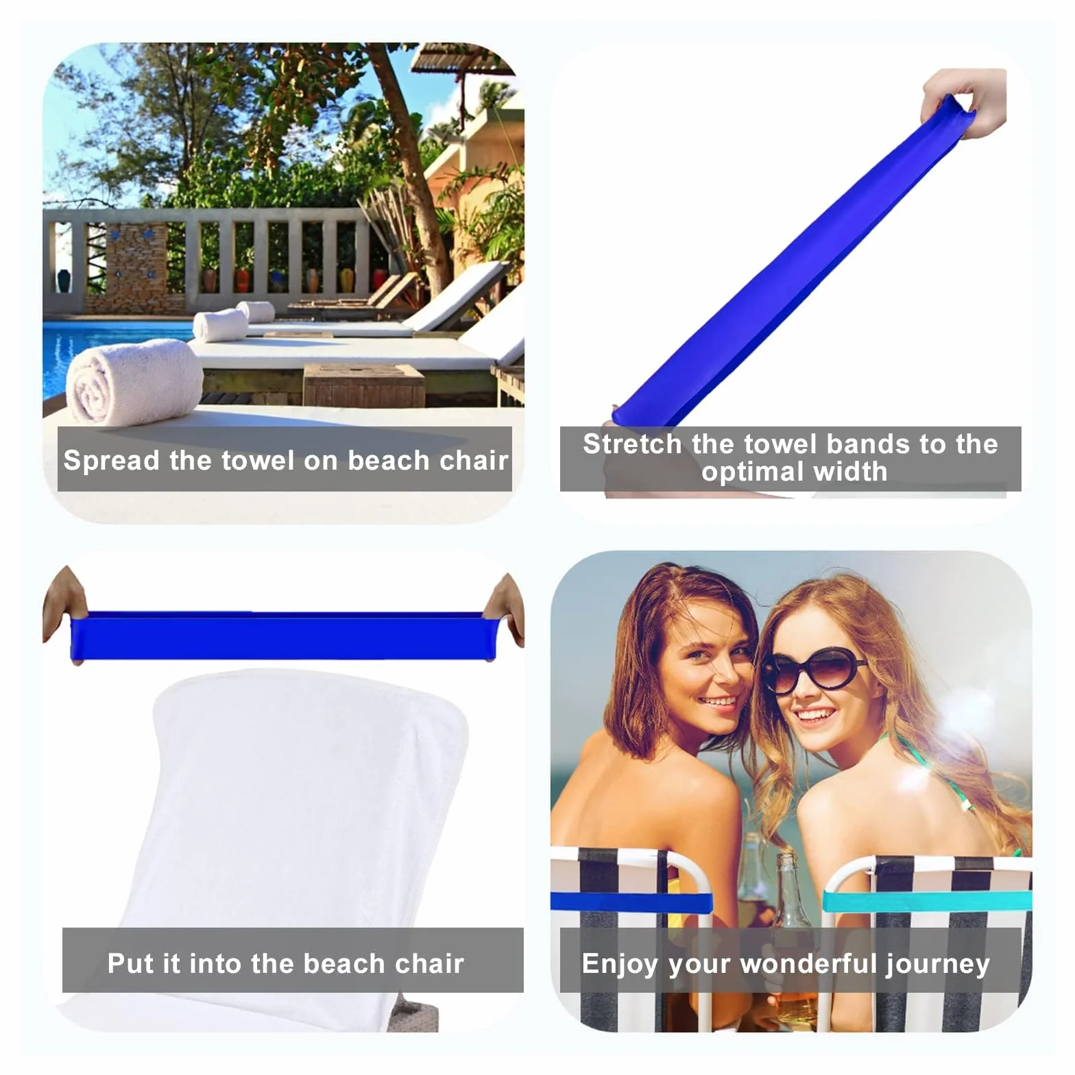 Bandas Elásticas para Toallas de Playa, 4 Pcs, Clips para Silla de Piscina y Tumbonas (Azul)